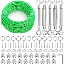 100Ft Clothes Line Outdoors, Green PVC Coated Steel Cable Clip Kit, Multi-use Turnbuckles for Cables Wires/Clothesline Wire/Grape Vine/String Light Hanging Kit