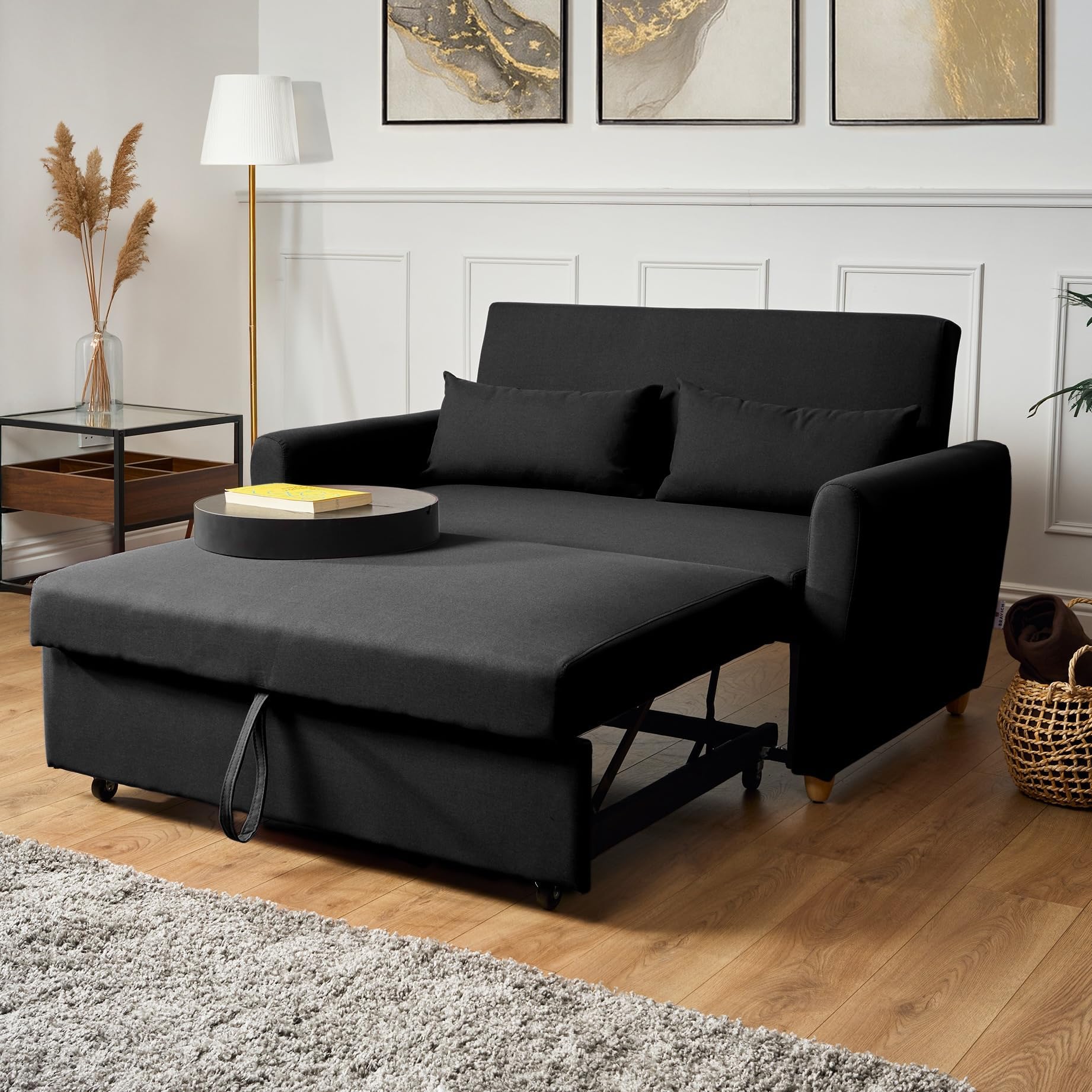 Bravich Black 2 Seater Sofa Bed Double, Pull Out Sofa Bed for Adults, Compact Fabric Sofabed with Fold Flat Mattress | Living Room Guest Bed | 140cm