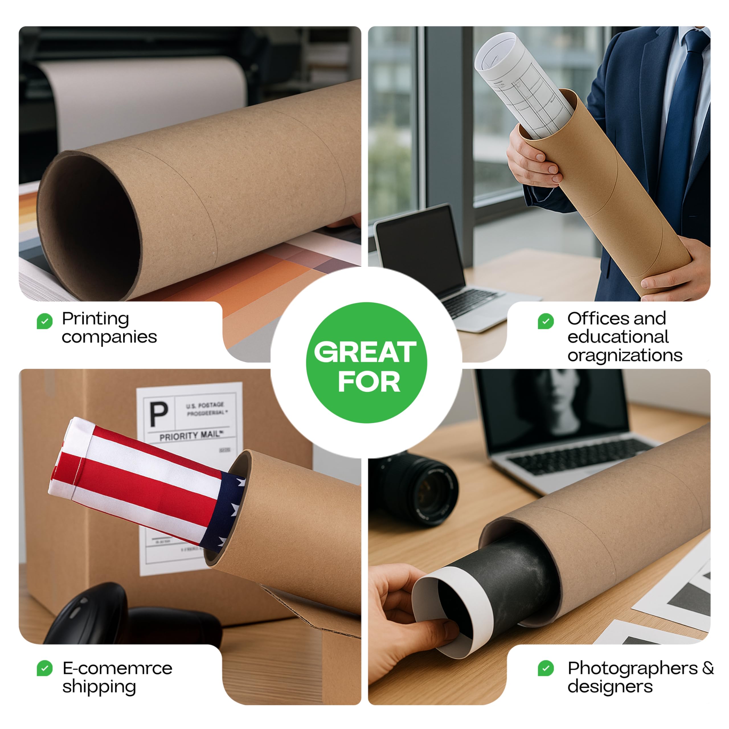 Tubos de cartón para correo, 4 x 24 pulgadas con tapas de plástico, paquete de 4, tubo de póster aprobado por USPS fabricado en Estados Unidos para documentos y planos, cilindros de correo reforzados