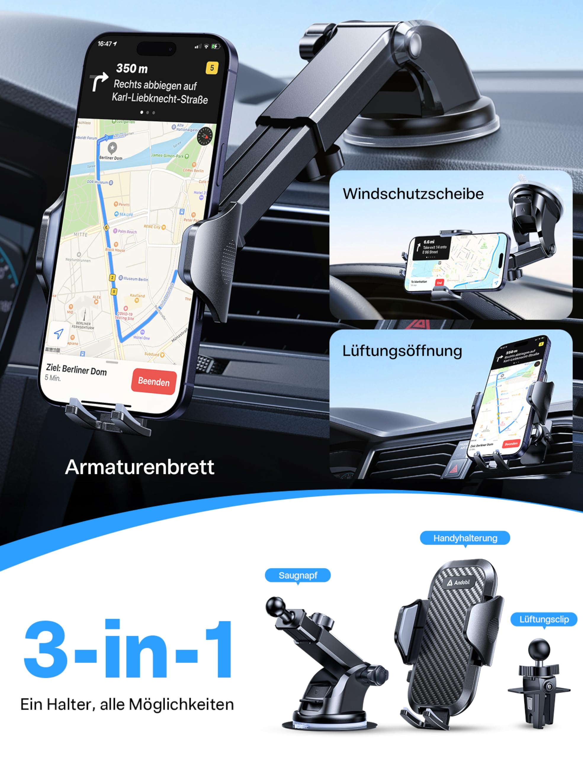andobil Handyhalterung Auto [2026 Neueste Saugnapf] 3 in 1 Saugnapf & Lüftung Halter Universale KFZ Autohalterung Zubehör für iPhone 17 Pro Max Air 16/15/14/13/12 Samsung Galaxy S25 Ultra/S24/S23 Usw