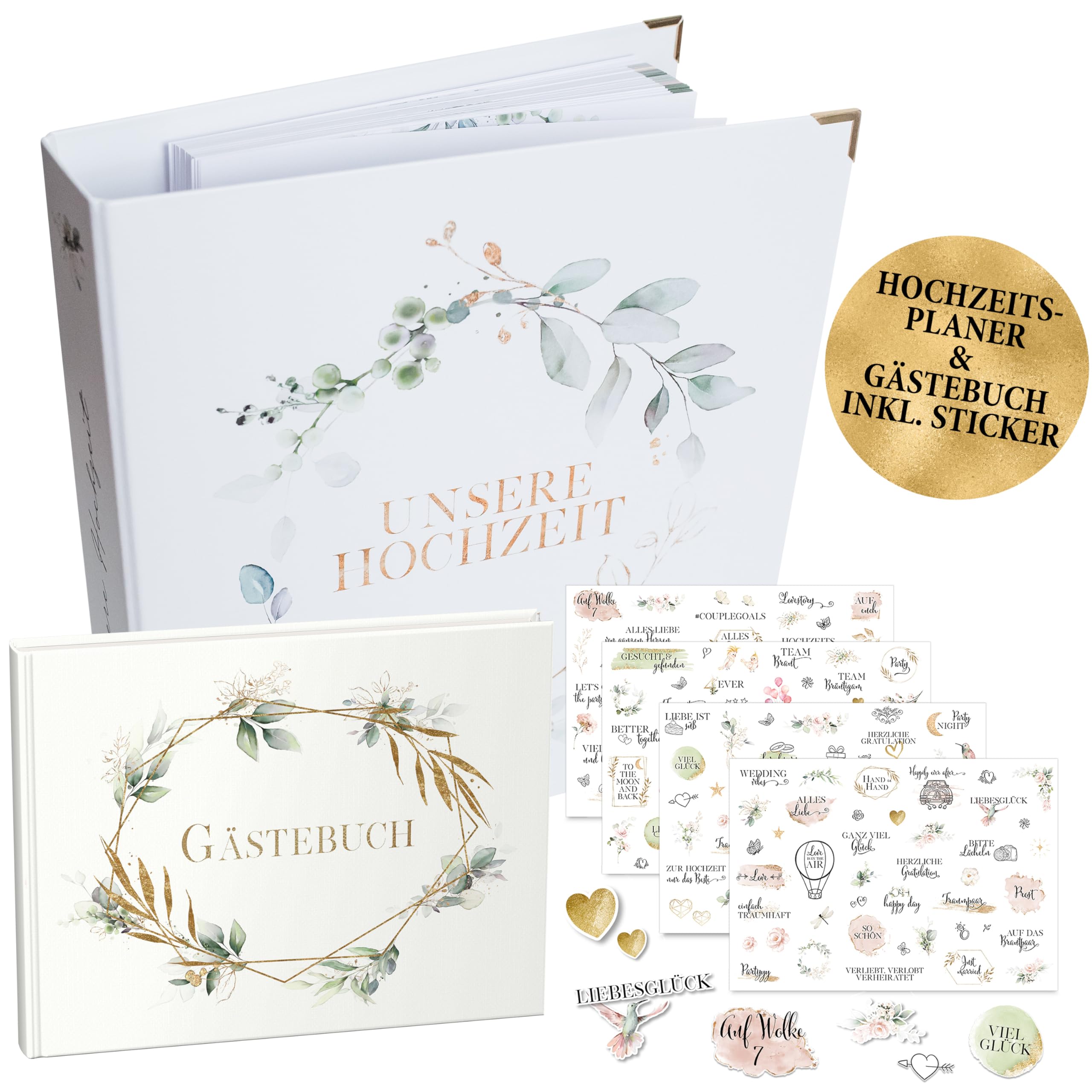 Hochzeitsplaner & Gästebuch Bundle – Hochzeitsordner für die Planung, Gästebuch für die Hochzeit inkl. kreative Hochzeitssticker
