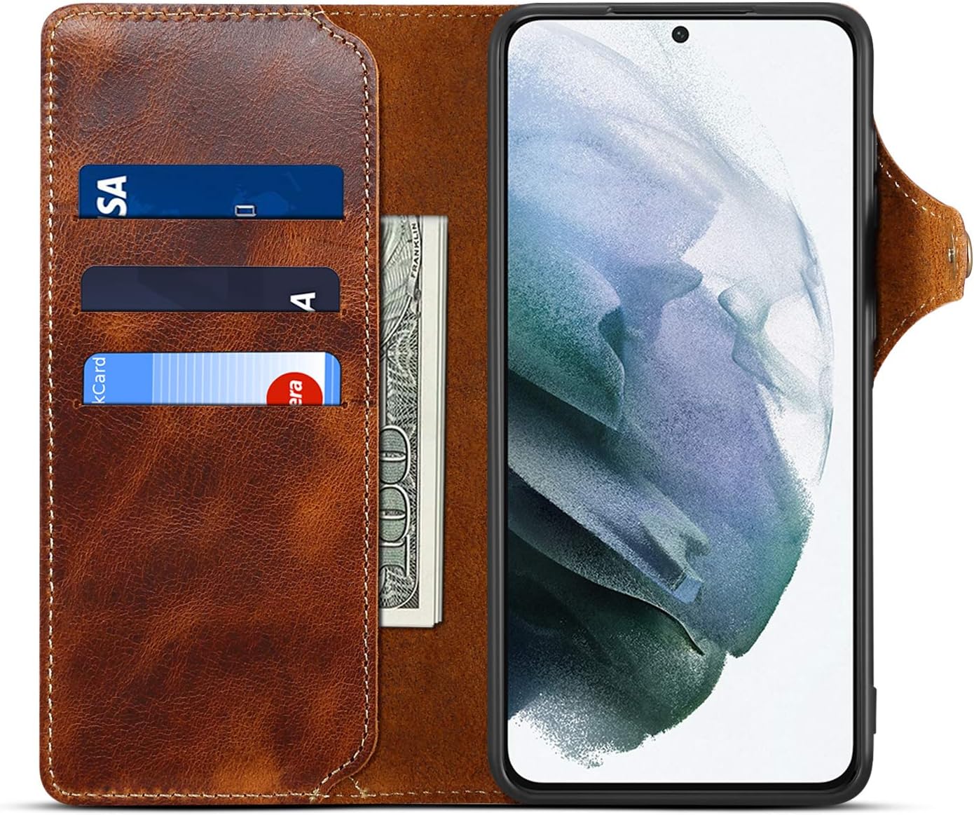 Genuine Leather Wallet Case for Samsung Galaxy S22,Classic Oil Wax Pattern Real Leather Button Card Slot Flip Stand Case Cover with Lanyard Brown