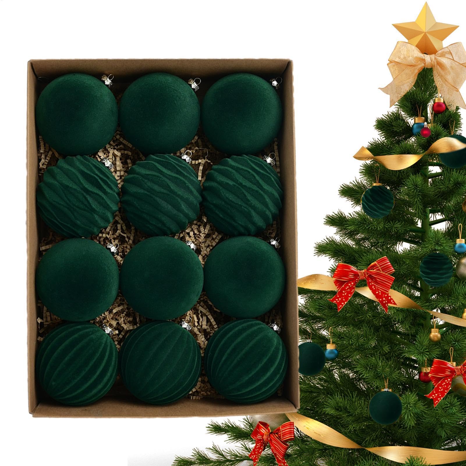 Ornements de Noël floqués verts lot de 12 suspensions pour sapin