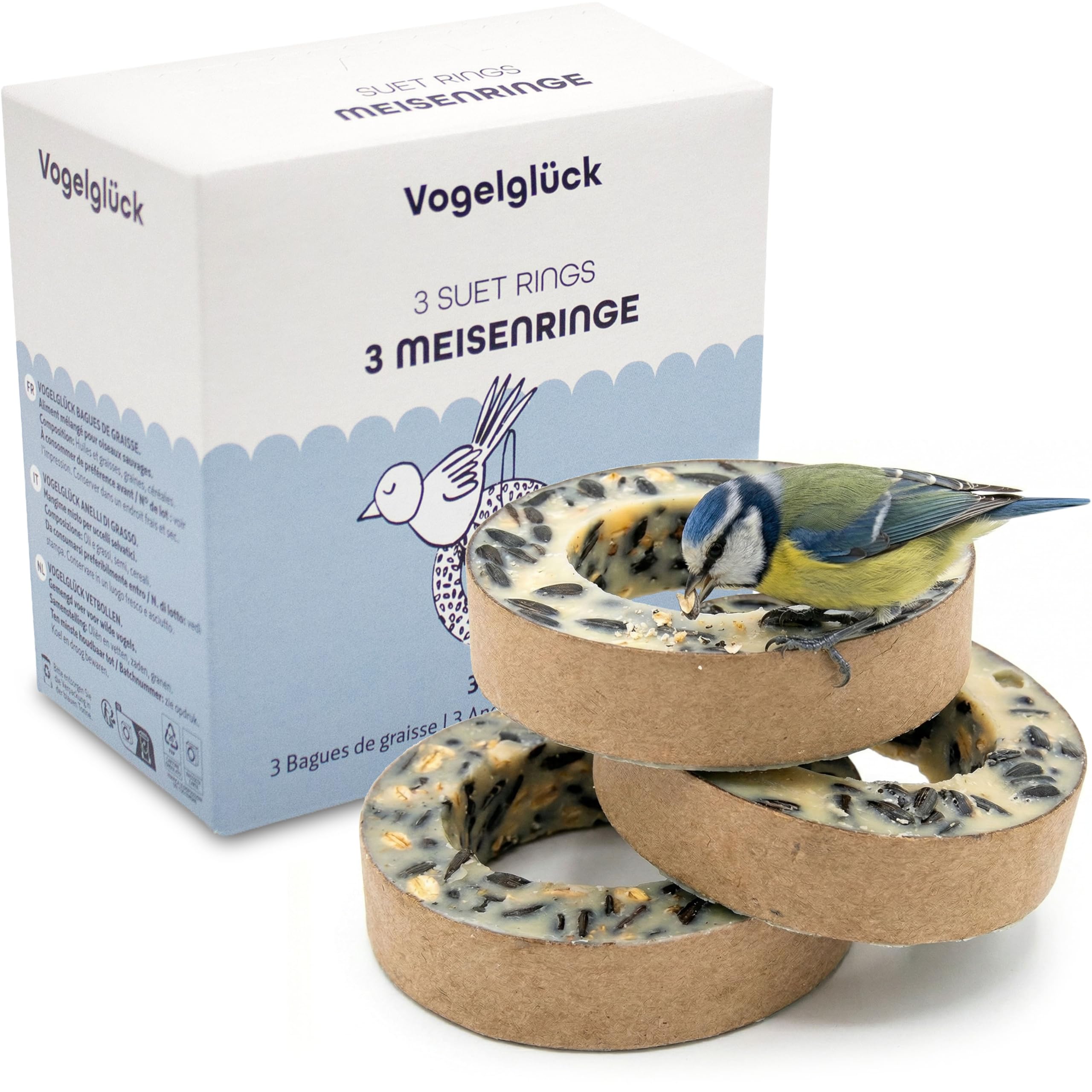 Vogelglück Meisenringe 6x3 Stück – Energiereiches Wildvogelfutter mit Saaten & Getreide – Ganzjahresfutter zum Aufhängen für Meisen & Wildvögel, Vogelringe für Körner und Weichfutterfresser