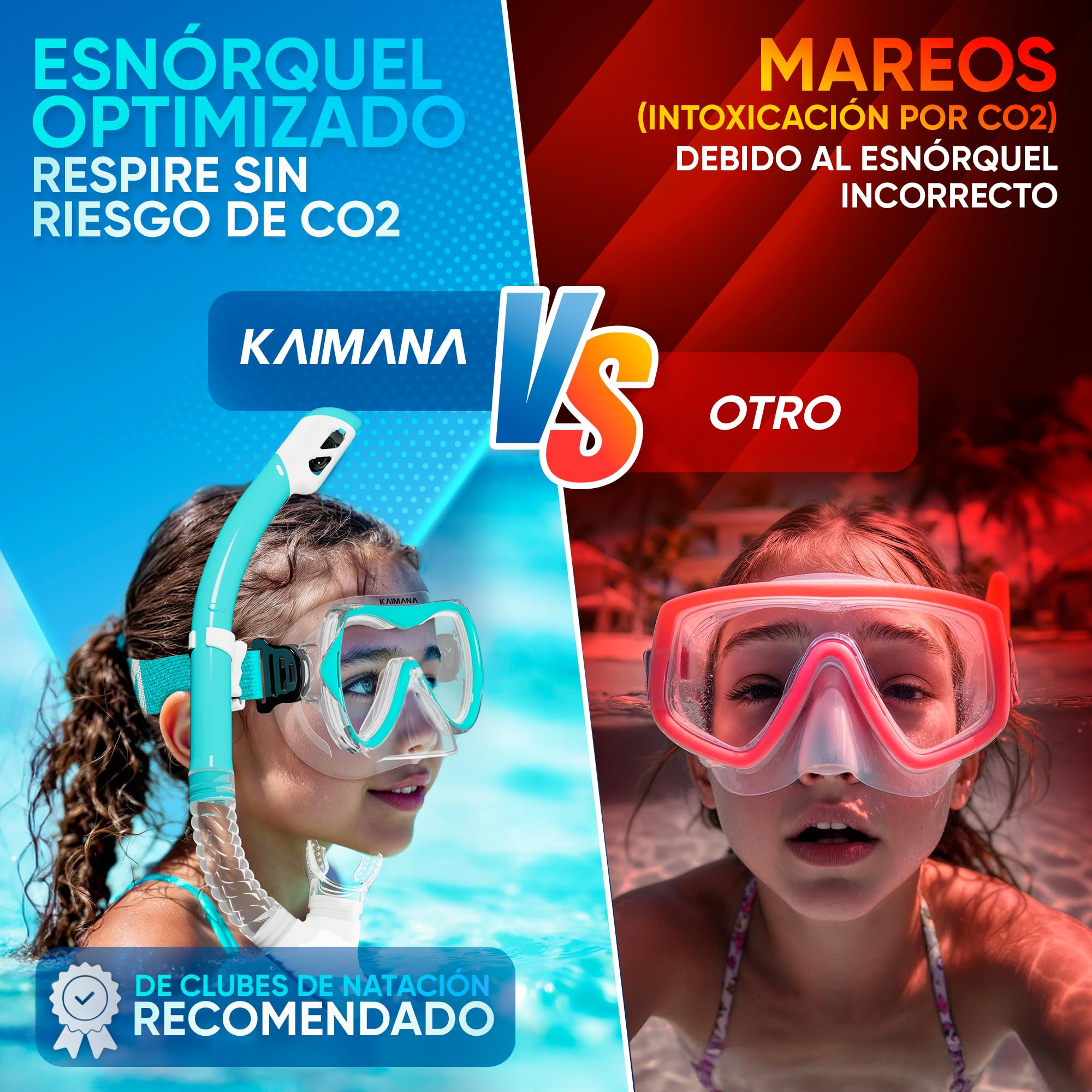 KAIMANA® SeaExplorer Gafas Snorkel Niño y Tubo + Bolsa – Set Snorkel Niño 3-10 Años – Gafas de Buceo con Tubo y Cinta Textil – Gafas de Bucear con Nariz y Máscara Buceo Niño 4 años