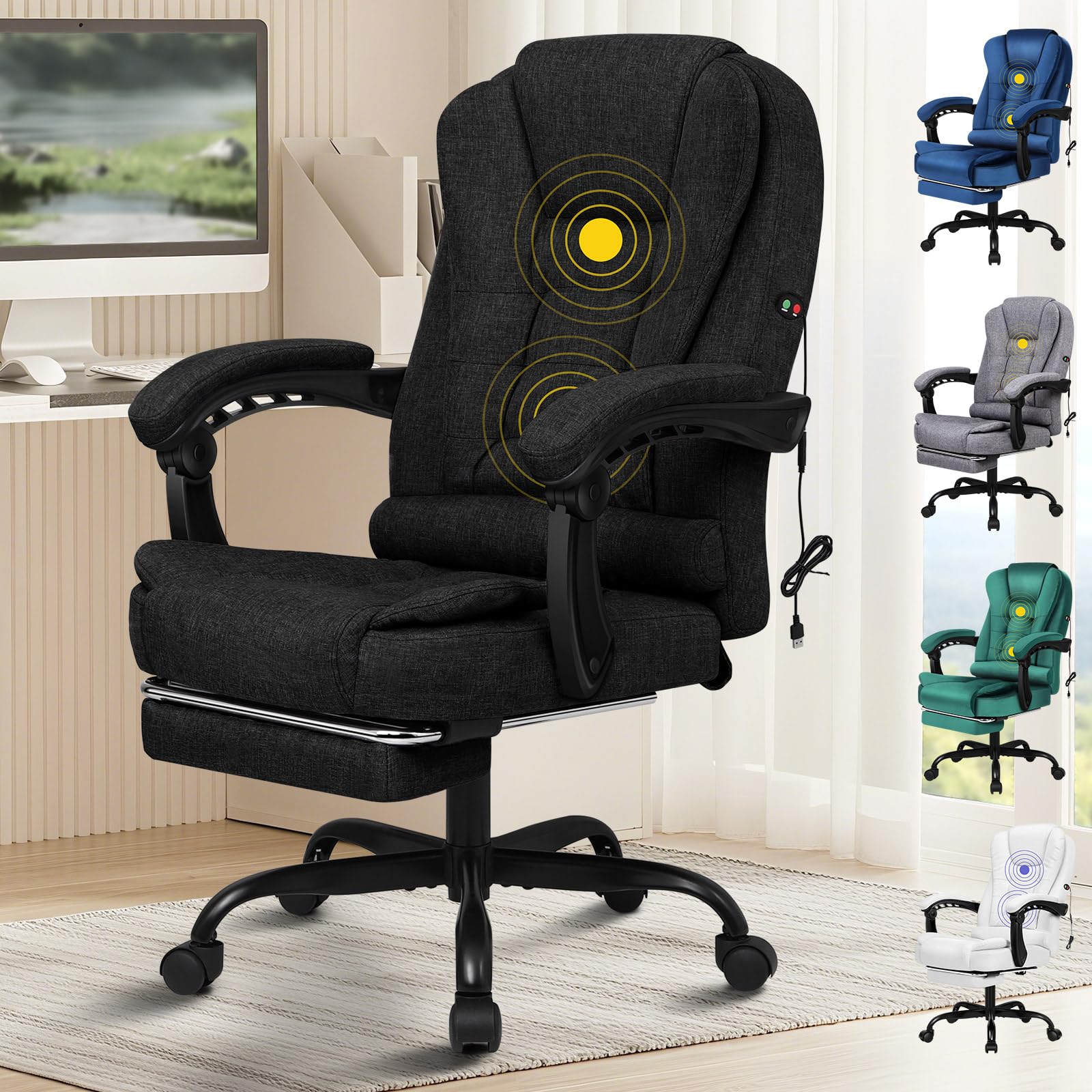 ALFORDSON Bürostuhl Chefsessel Massage Ausziehbare Fußstütze, höhenverstellbarer Schreibtischstuhl 150°-Neigung, ergonomischer Drehstuhl, Computerdrehstuhl,belastbar 180 kg, Leinen, Schwarz