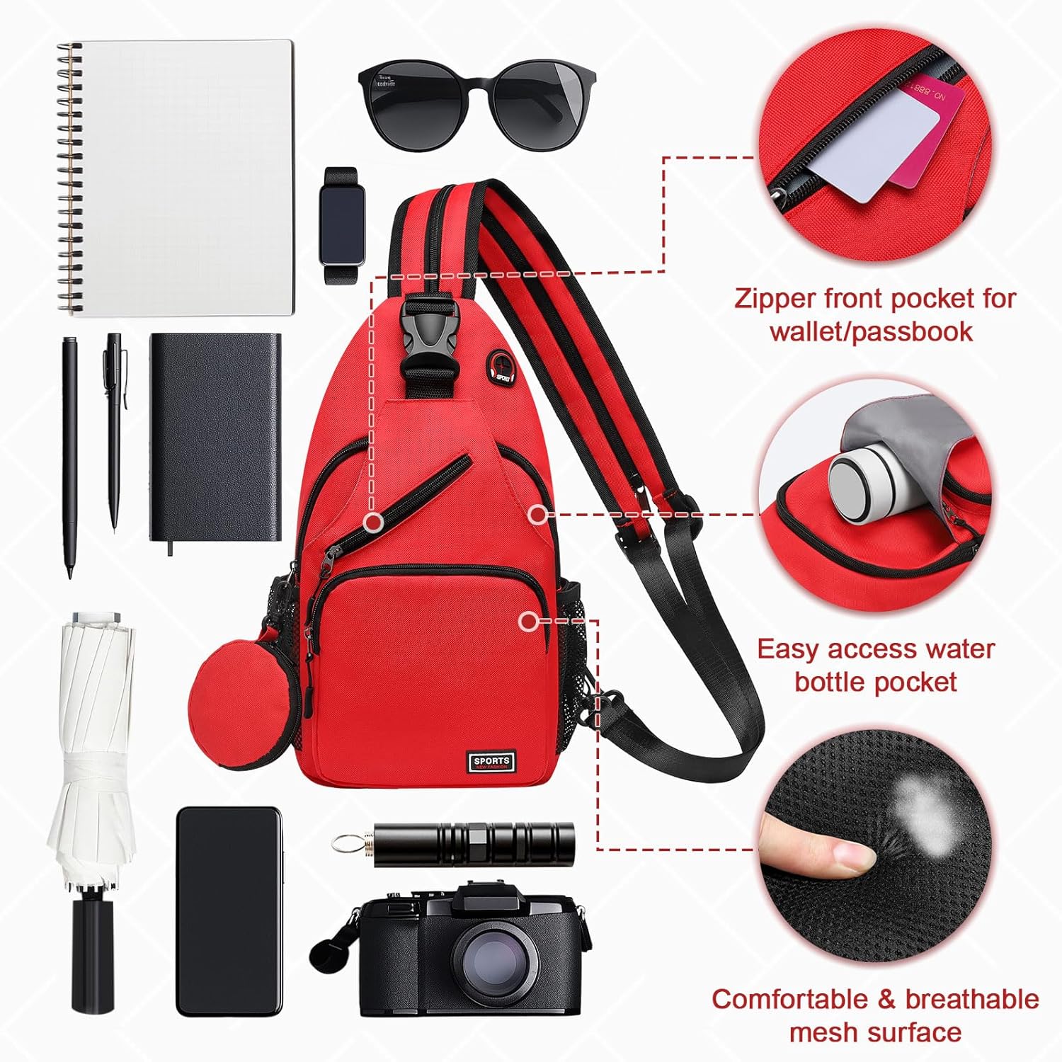 Convertible Sling Bag with Coin Pocket, 11" Tablet Crossbody Mini Backpack with Headphone Jack Casual Pack for Women Men Travel, Red - Image 4