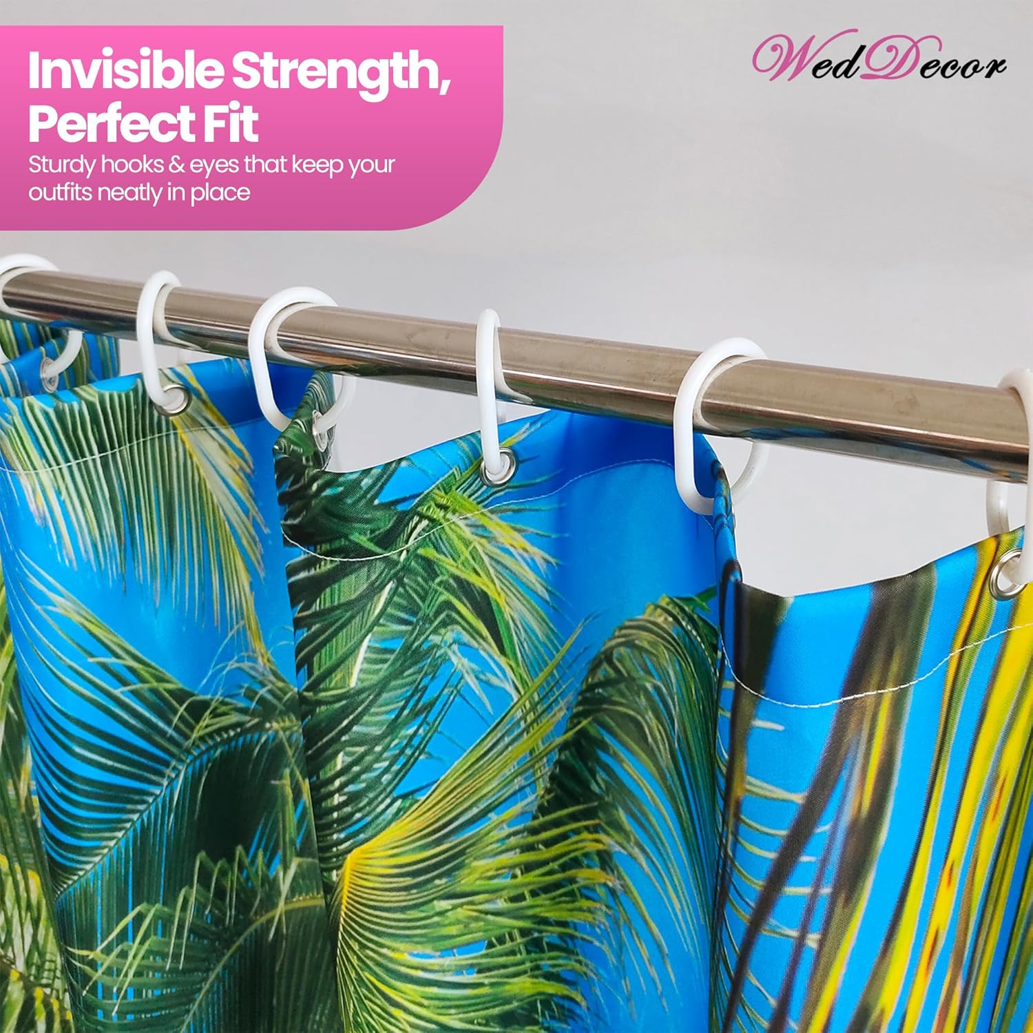 WedDecor Bathroom Shower Curtain Waterproof, Heavy Duty 100% Polyester Fabric Curtains Liner with 12 Curtain Hooks, 180cm x 200cm, Tropical Palm Tree