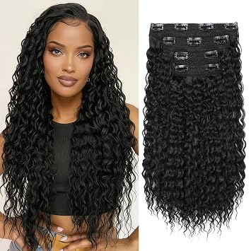 REECHO Hair Extensions - 4PCS 20" Water Wave Clip in Hair Extensions 100% Super Protein Silky Soft Natural Look with Invisible Lace Weft Hairpieces for Women - Jet Black
