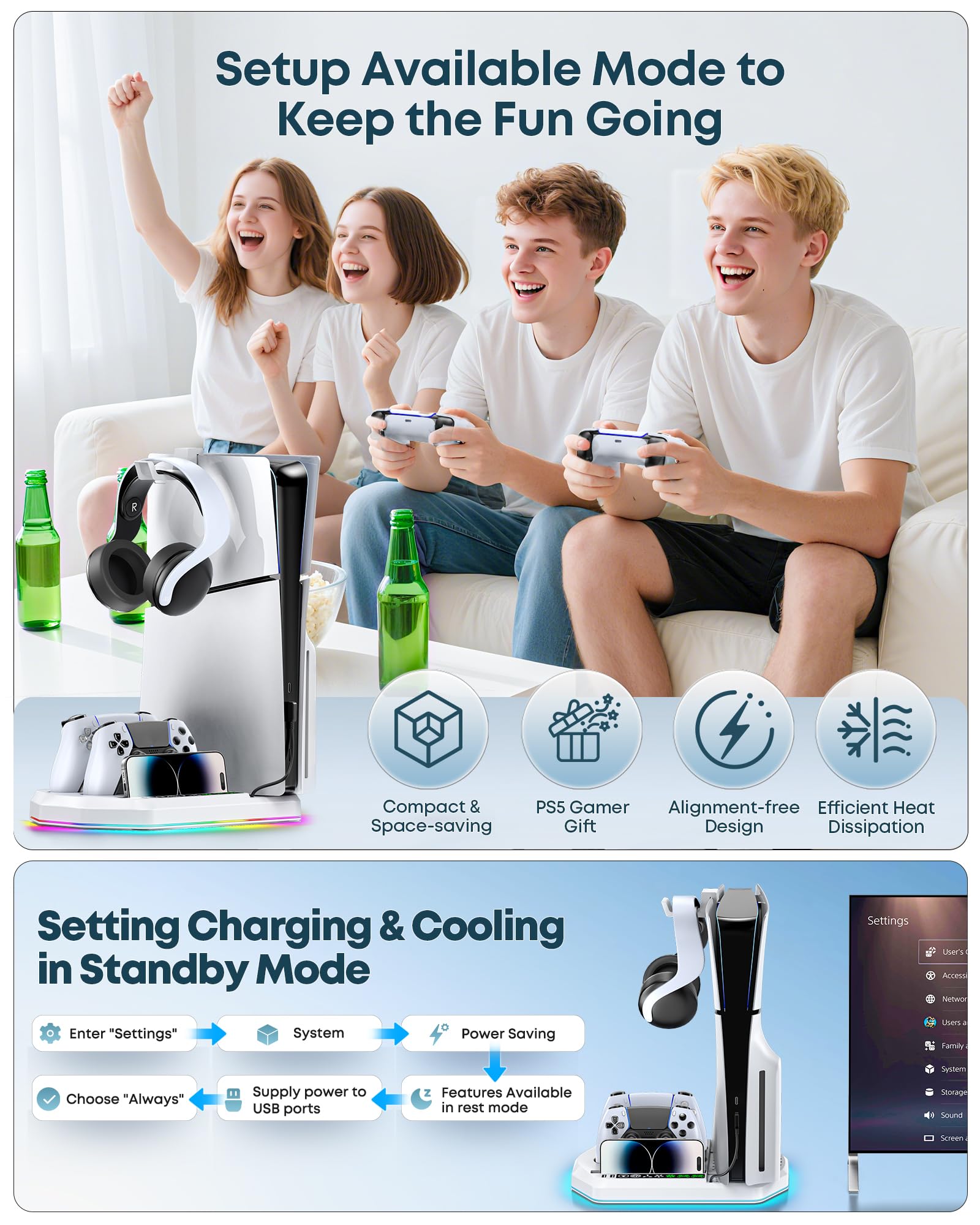 Soporte de Refrigeración para PS5 Compatible con PS5/Slim/Pro, RGB Cargador para PS5 Mandos Base de Vertical refrigeración para PS 5 con 3 Niveles Ventilador