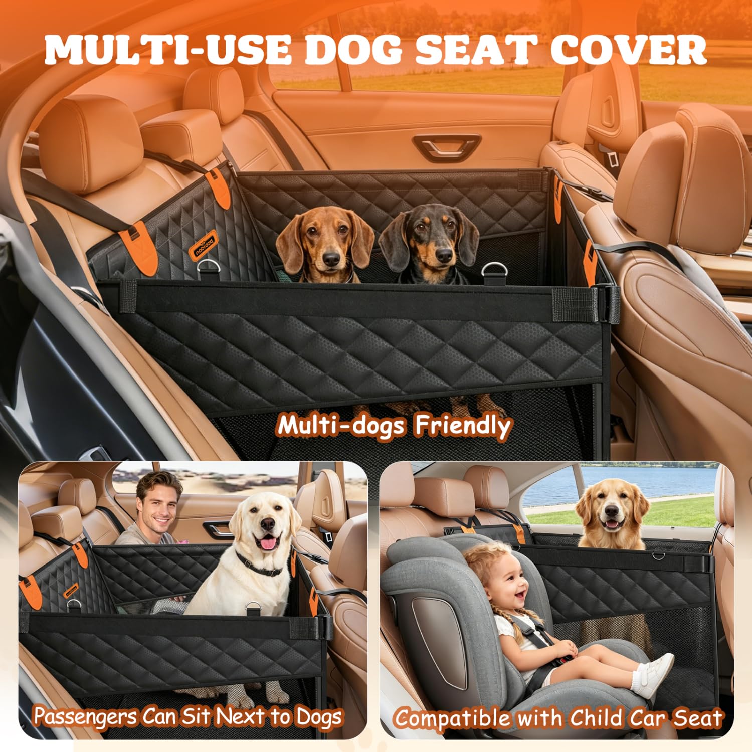 Nobleza Asiento de Coche para Perro L72xW58xH55cm Negro - Extensor de Asiento Trasero Extra Estable con Estructura de Tubos de Hierro y Base Rígida Desmontable Que Amplía un 40% el Espacio |