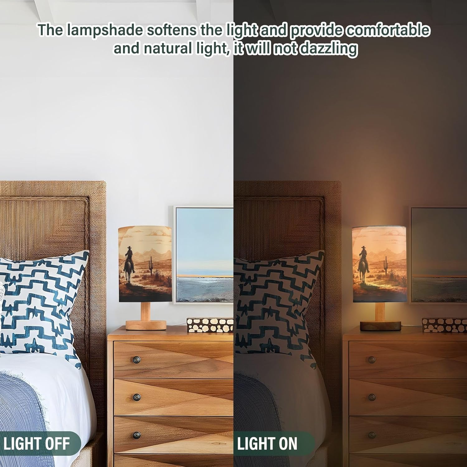 Vintage Western Cowboy LED Table Lamp - Modern Minimalist Bedside Lamp with Round Flaxen Fabric Shade for Nightstand, Perfect for Bedroom Ambiance