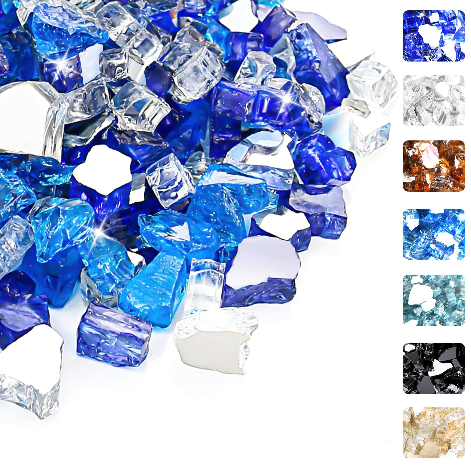 Hisencn Blended Fire Glass For Fire pit, 10 Pound, 1/2 Inch Tempered Glass Rocks for Natural or Propane Gas Fireplace, Indoor & Outdoor Fire Bowls, Landscape Cobalt Blue, Caribbean,Platinum Reflective-image-12