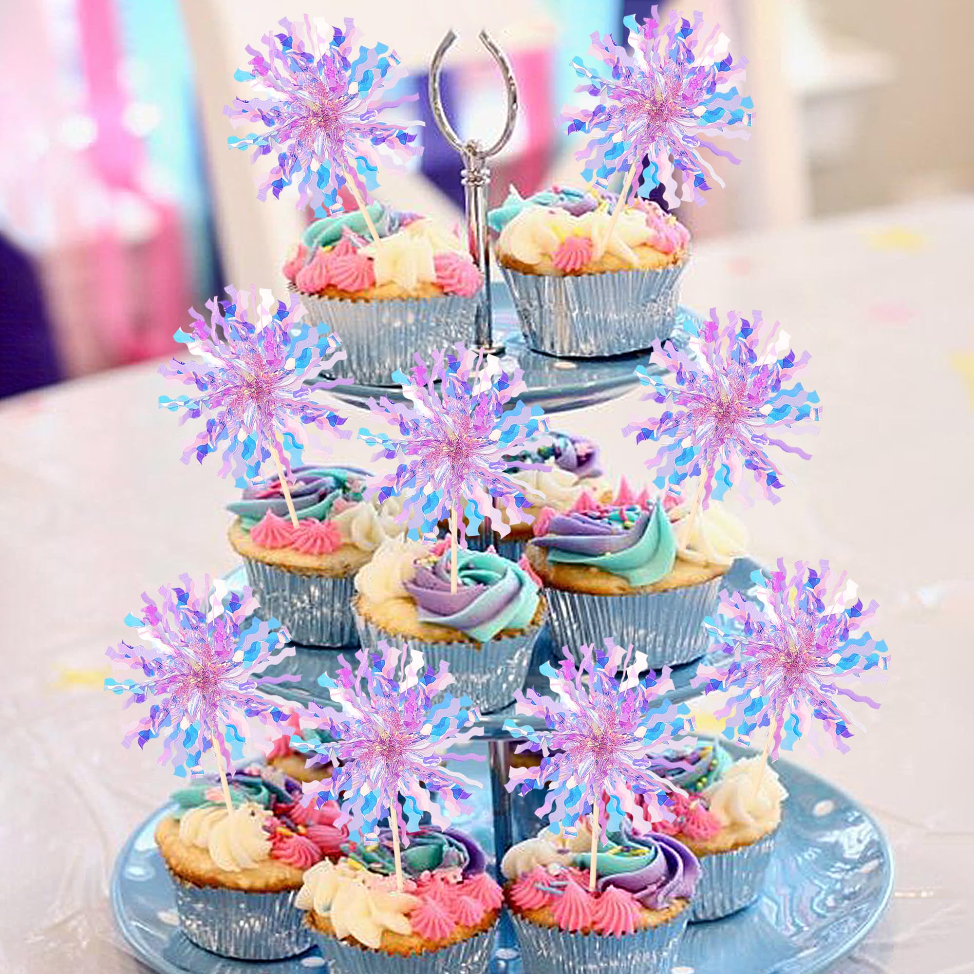 30 PCS Foil Firework Cupcake Toppers - Sparkle Tinsel Picks For Birthday, Baby Shower, Graduation Parties (Yellow) - View #5
