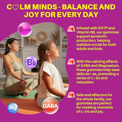 Miniatura 5 de Gomitas 5HTP para adultos y niños mayores de 8 años, gomitas sin melatonina con glicinato de magnesio, GABA, L-glicina, Ashwagandha, vitamina B6