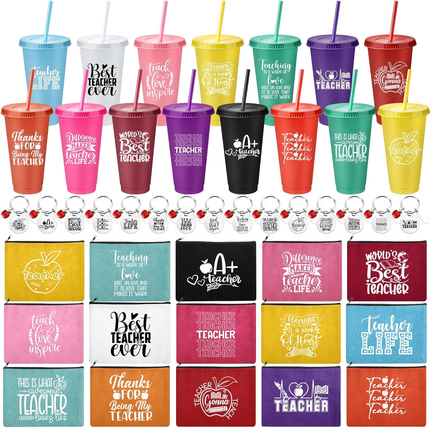 Honeydak 45 Pcs Teacher Appreciation Gifts Set Thank You Cups Keychain Bags Bulk Teacher Week Thank You Gift for Thanksgiving Christmas Basket Teachers Day Holiday Gift(Elegant Style)