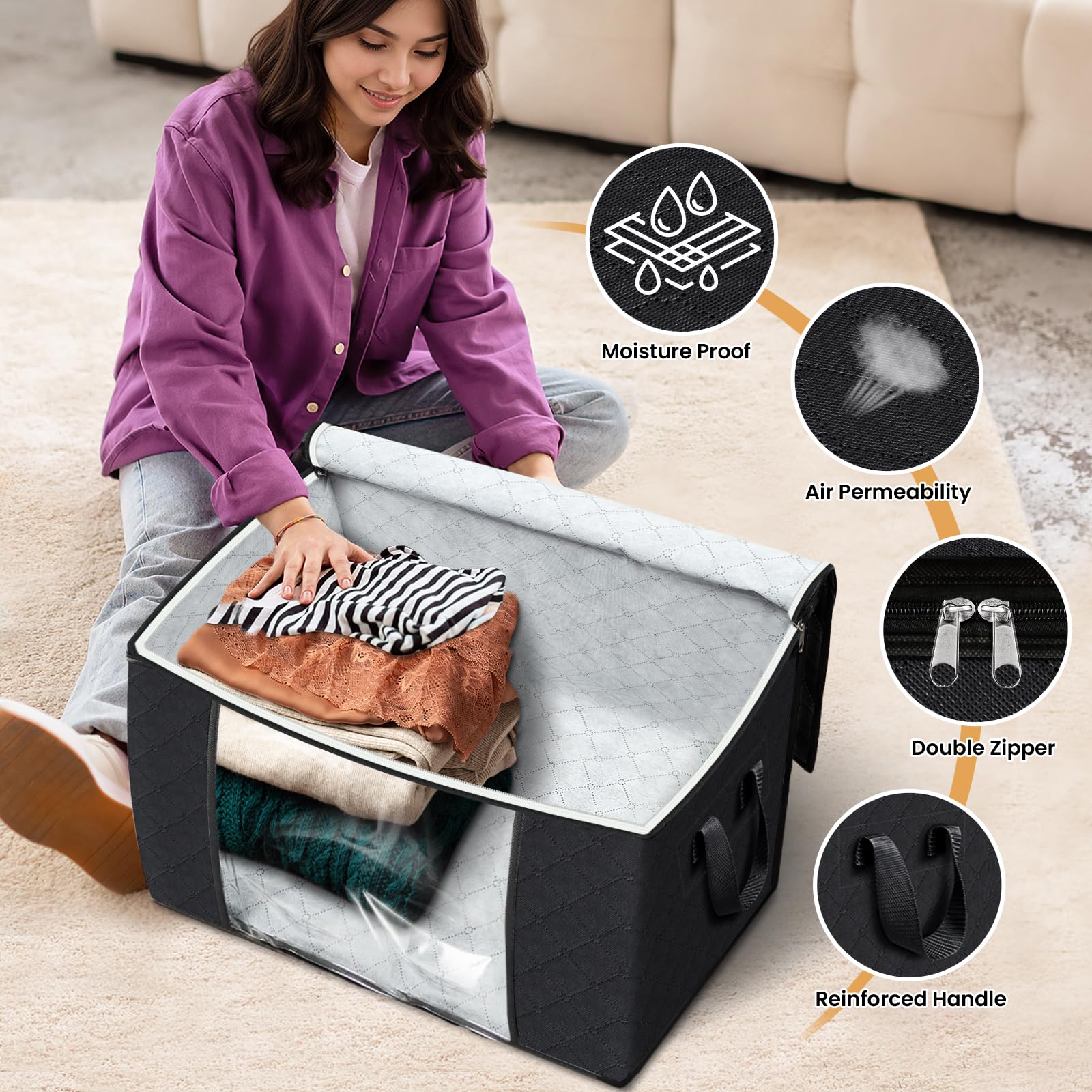 Fab totes Almacenamiento de ropa de 90 L, bolsas plegables de tela gruesa para almacenamiento de mantas, contenedores para organizar dormitorio, armario, ropa, edredón, organización con asa (paquete