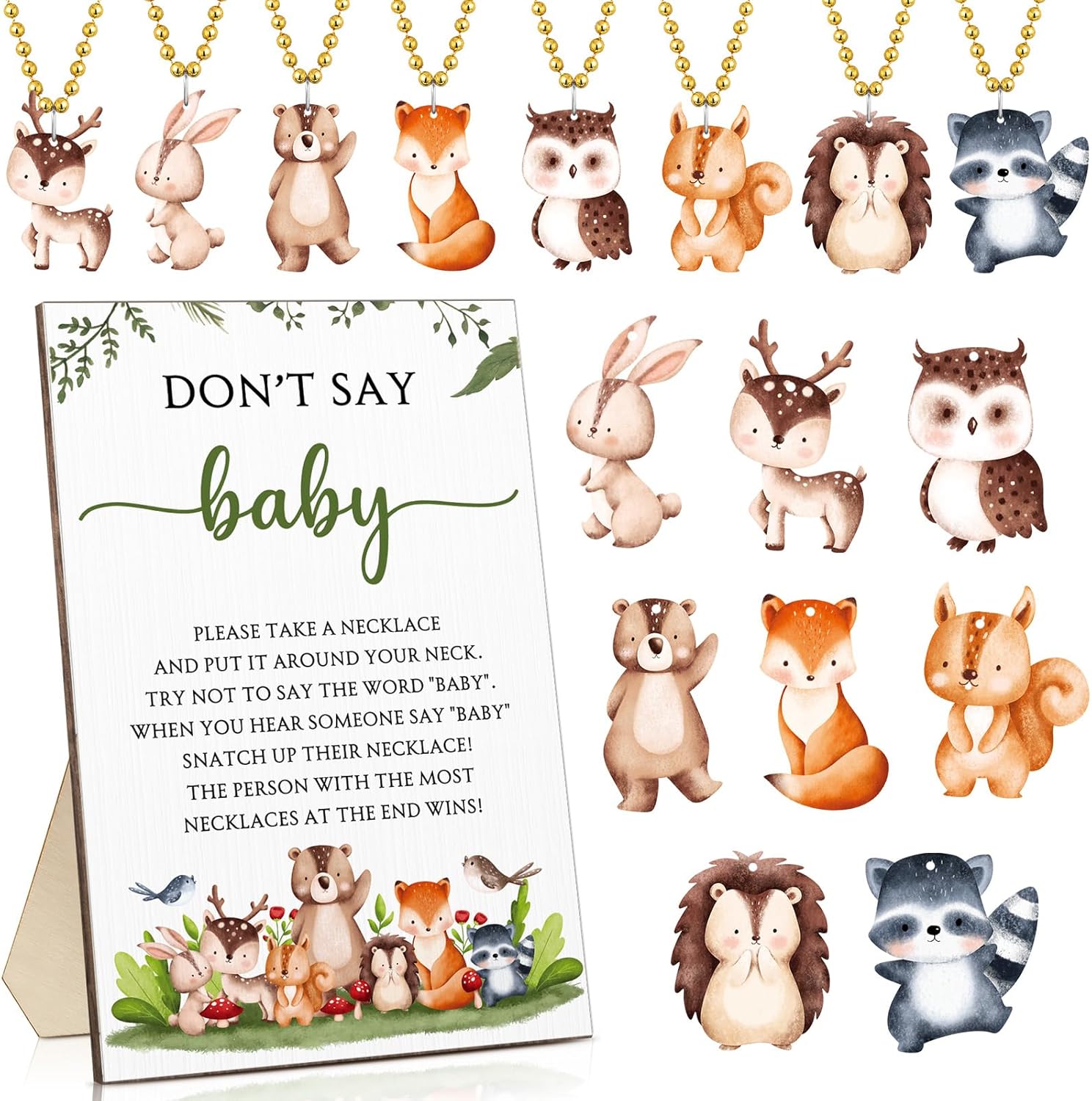 Roowest 51 Don't Say Baby Shower Game Woodland Baby Shower Decorations Included Woodland Game Sign Wood Table Sign 50 Felt Animal Necklaces for Gender Reveal Party Favors