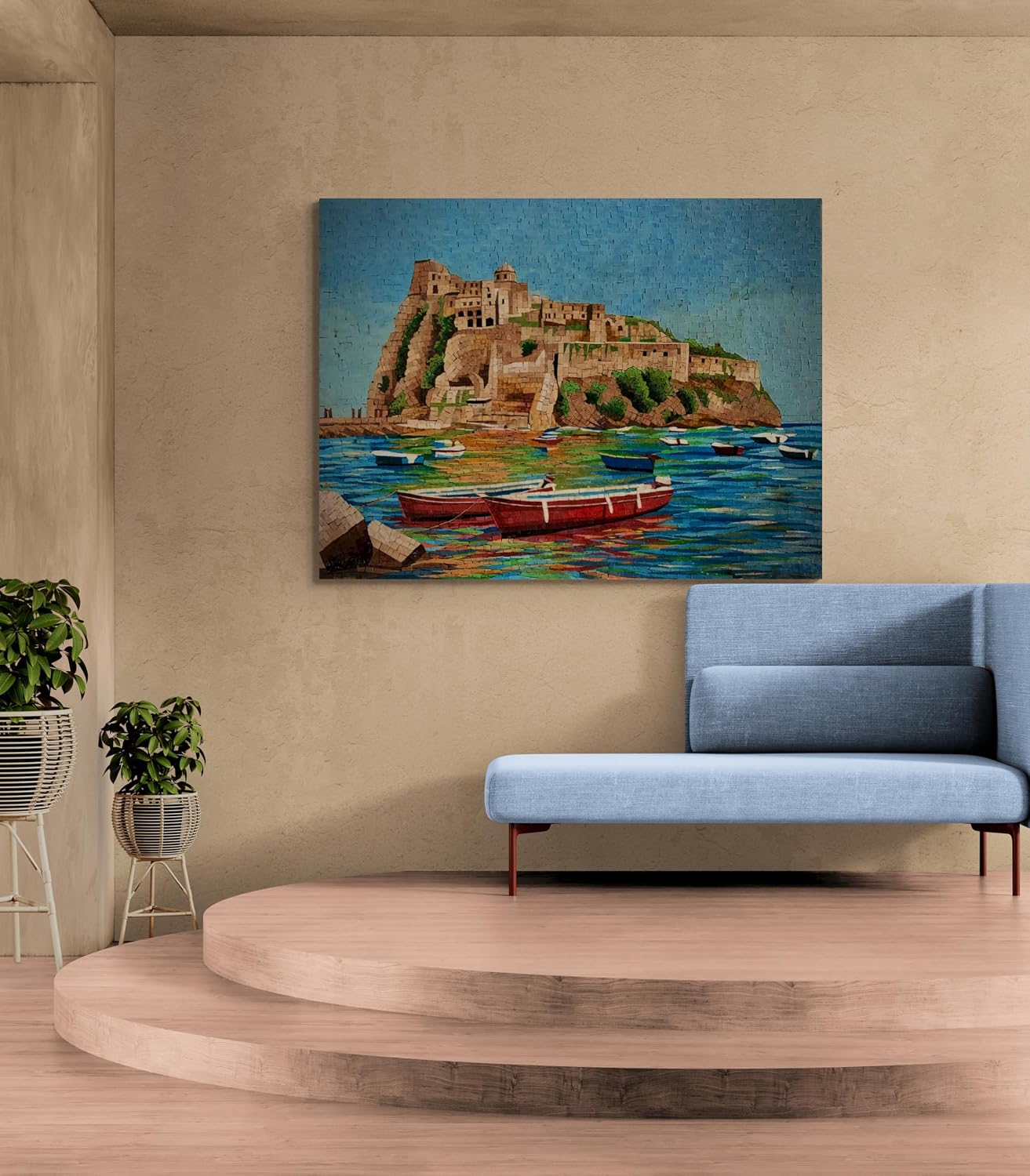 Handmade Mediterranean Coastal Marble Mosaic Wall Art, Ocean-Inspired Stone Mosaic Artwork, Hand-Cut Contemporary Coastal Wall Décor