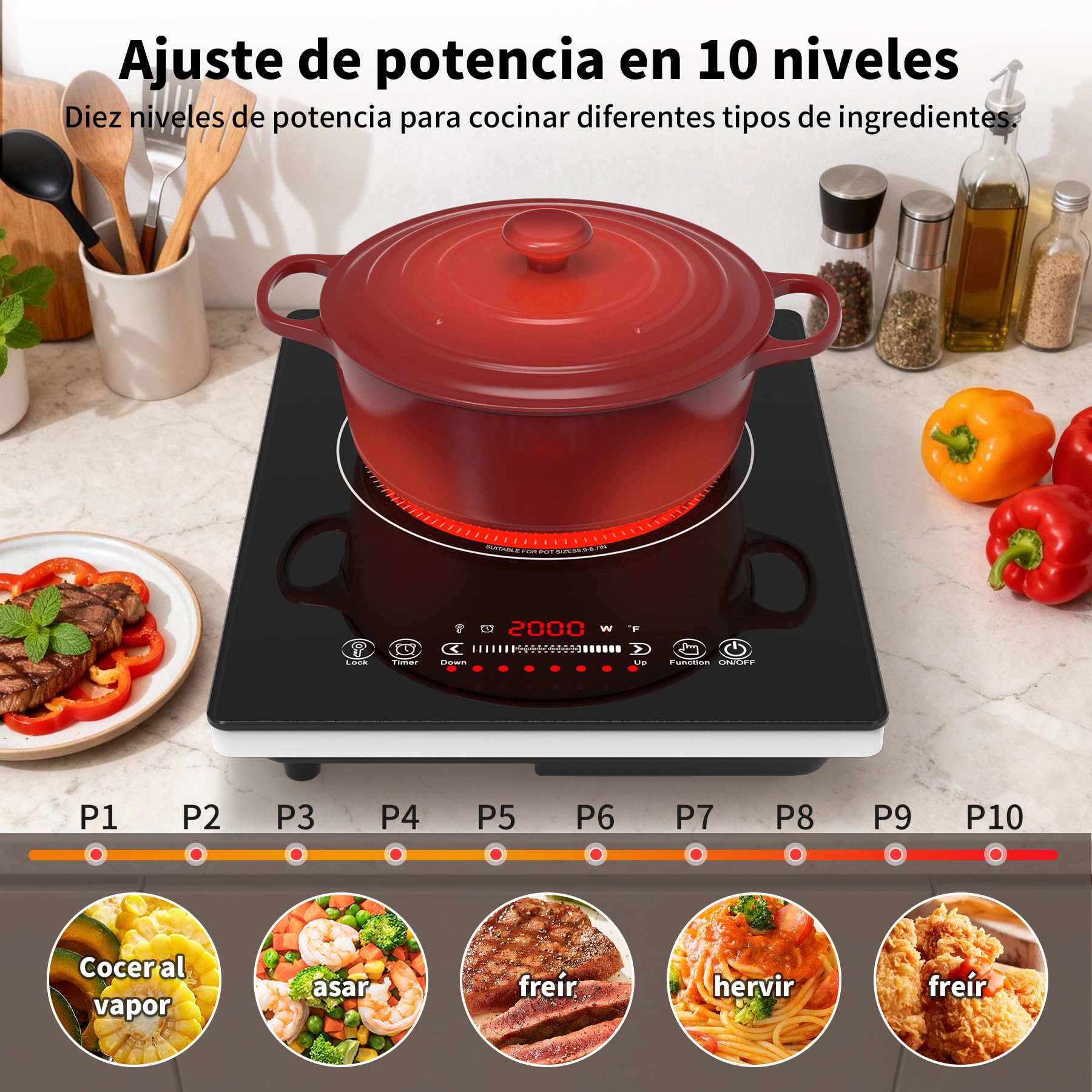 VBGK vitro portatil 1 fuego，220V 2000W placa vitroceramica con control táctil LED, 10 niveles de potencia, temporizador de 4 horas, bloqueo de seguridad y protección contra sobrecalentamiento.