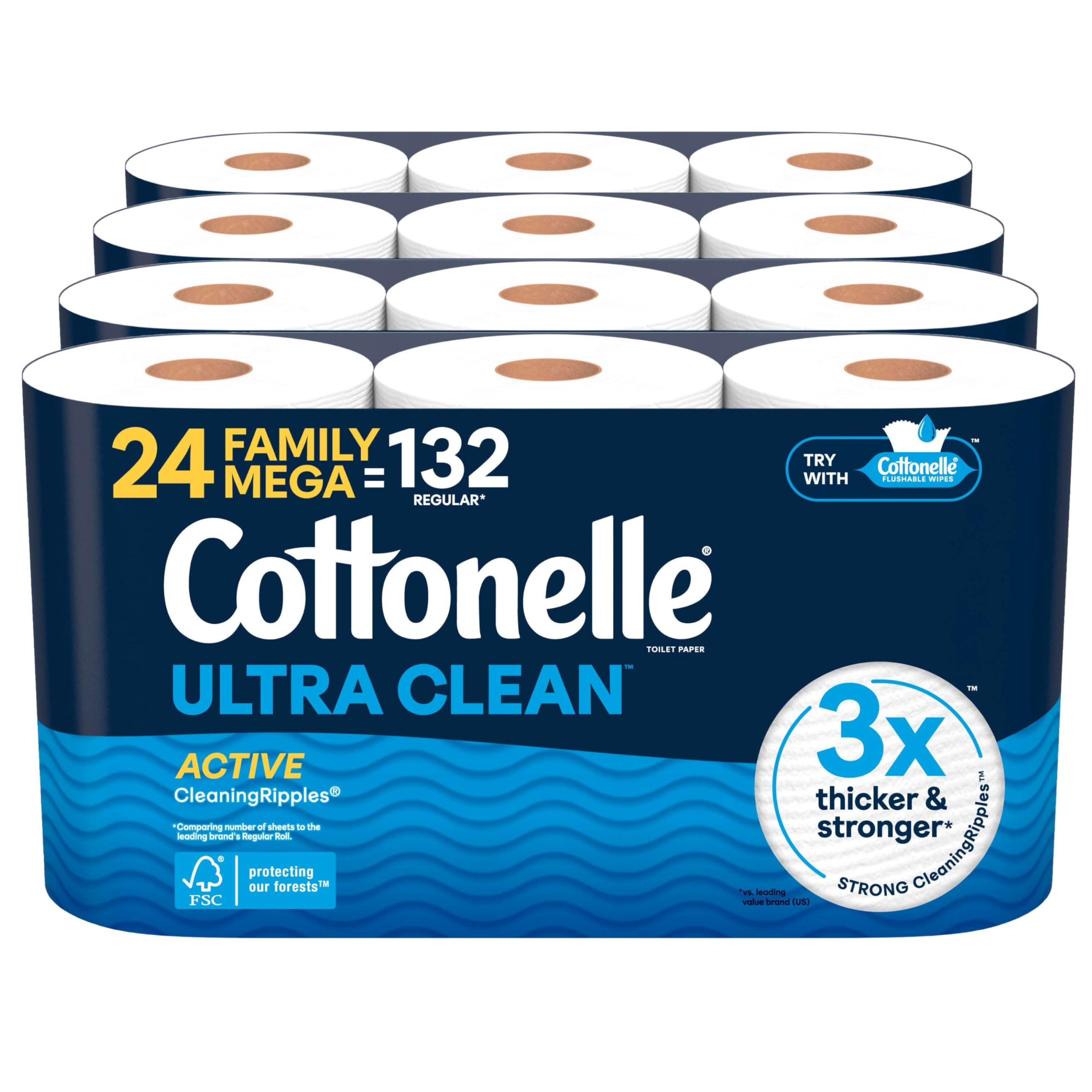 Cottonelle Ultra Clean Toilet Paper with Active CleaningRipples Texture, 24 Family Mega Rolls (24 Family Mega Rolls = 132 Regular Rolls) (4 Packs of 6), 353 Sheets Per Roll, Packaging May Vary