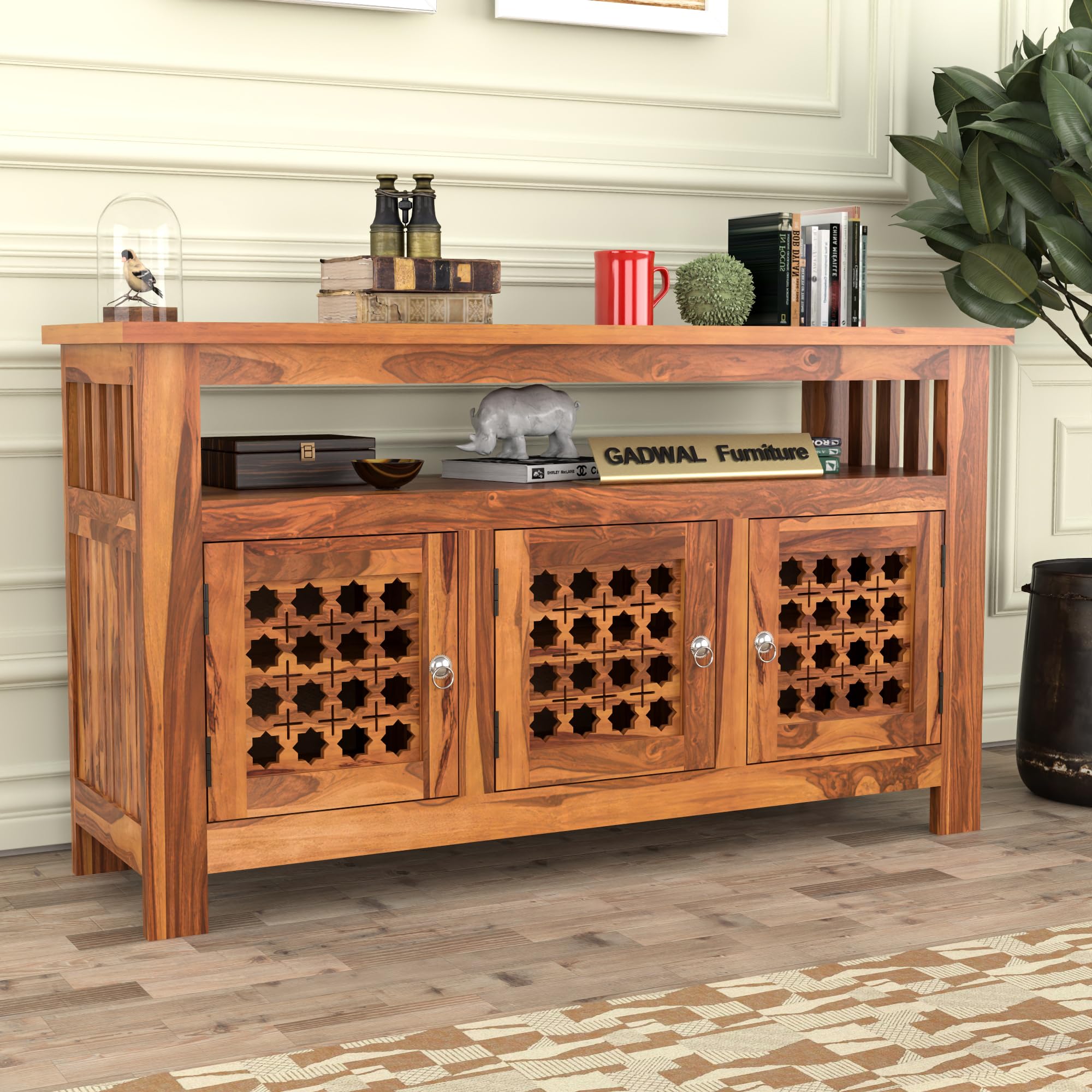Solid Sheesham Wood Wooden Cabinet Sideboard with 6 Shelves and 3-Door Storage (Carla, Honey Finish)-picture-26