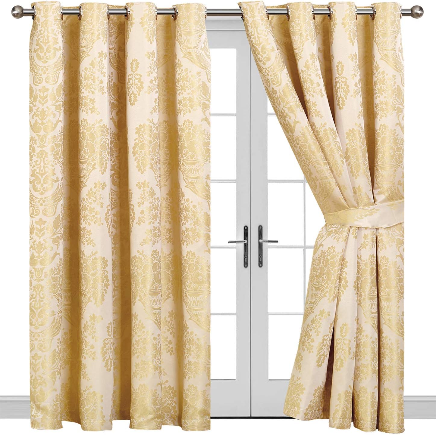 Oxford Homeware Pair of Luxury Jacquard Eyelet Curtains with two tie backs (Sandra/Cream / 46 x 54 / Ring Top) Matching Bedding and Cushions Also Available