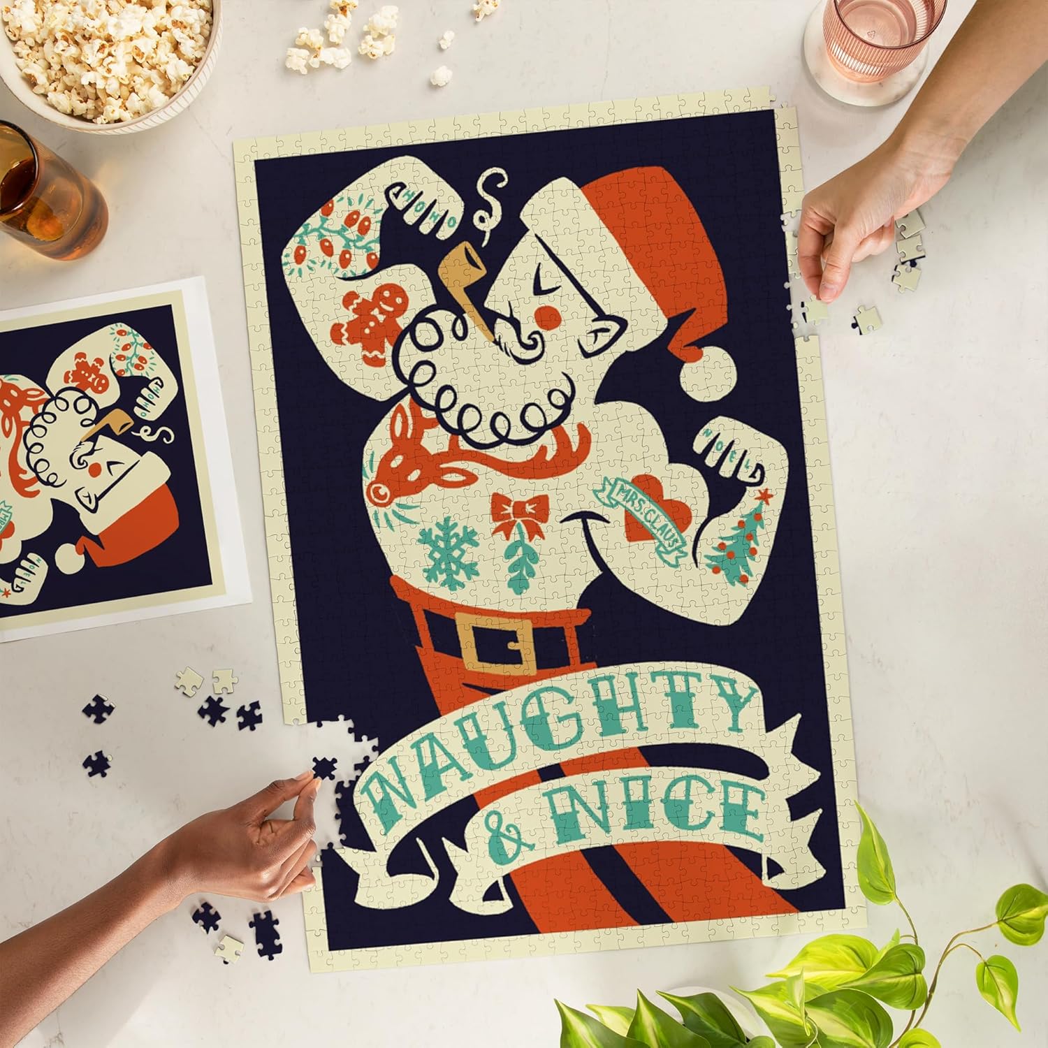 Lantern Press Tattoo Santa, Retro Christmas 1000 Piece Jigsaw Puzzle for Adults, Made in USA with Reference Poster