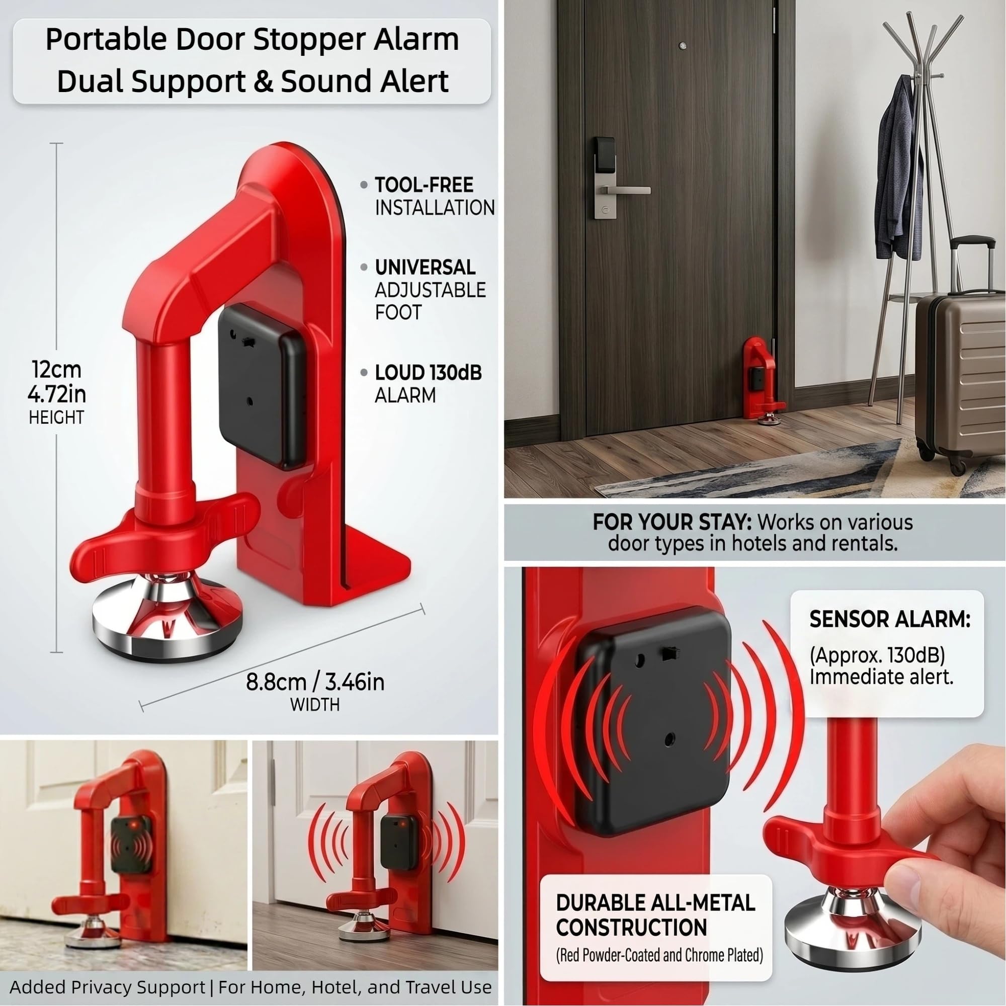 Tragbares Türschloss für Reisen mit 80 dB Alarm, Türstopper-Gerät, Anti-Diebstahl-Türblocker für Hotel, Reisen, Wohnung, Zuhause, ohne Bohren, mit Tragetasche und Ersatzbatterien