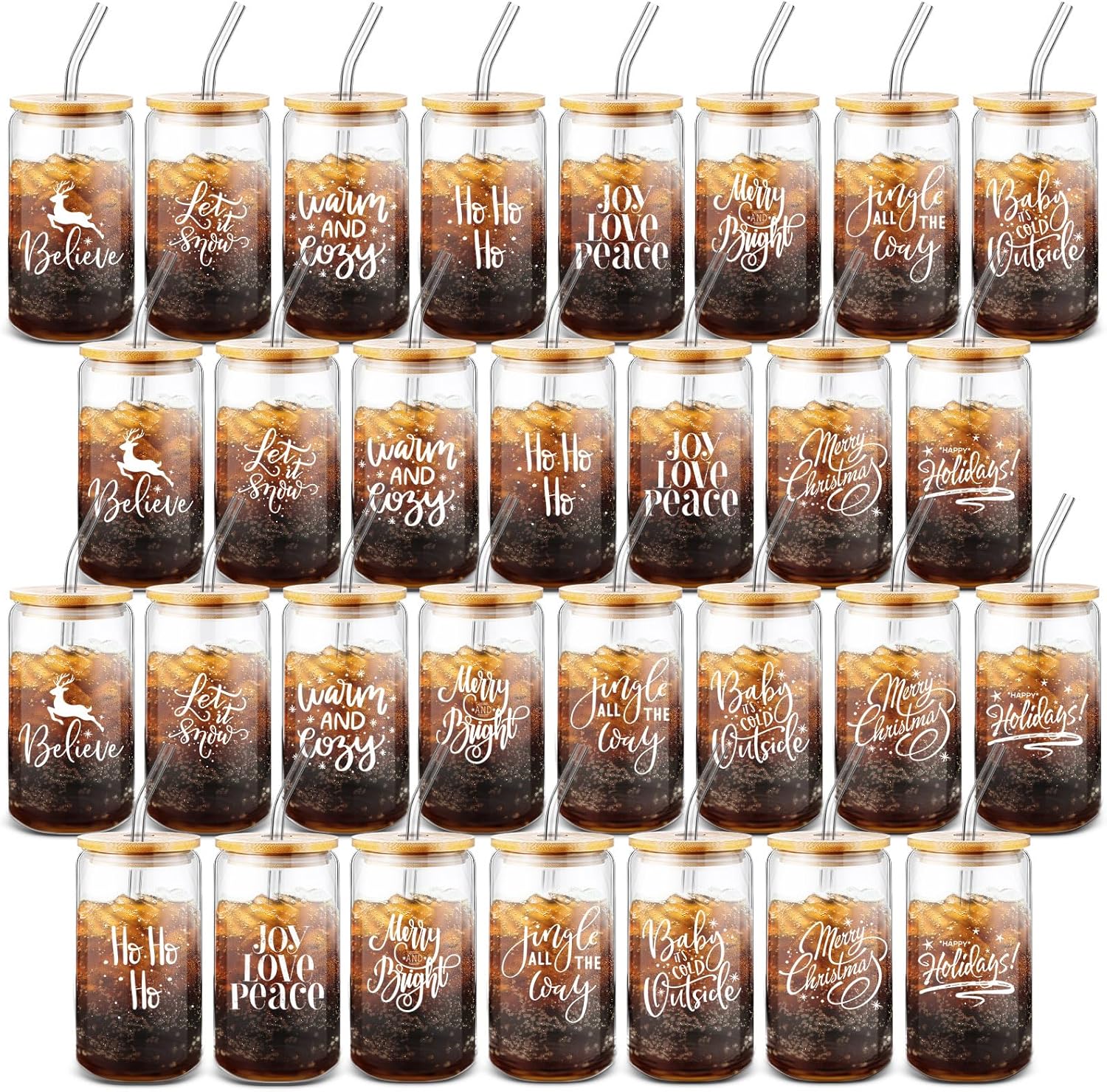 Layhit 11 Pcs Christmas Glass Cups with Lids and Straws 16oz Christmas Mug Bulk Mason Jar Drinking Glasses Xmas Holiday Drinkware Gift Coffee Cup Thank You Gifts for Employee Team Coworkers Office