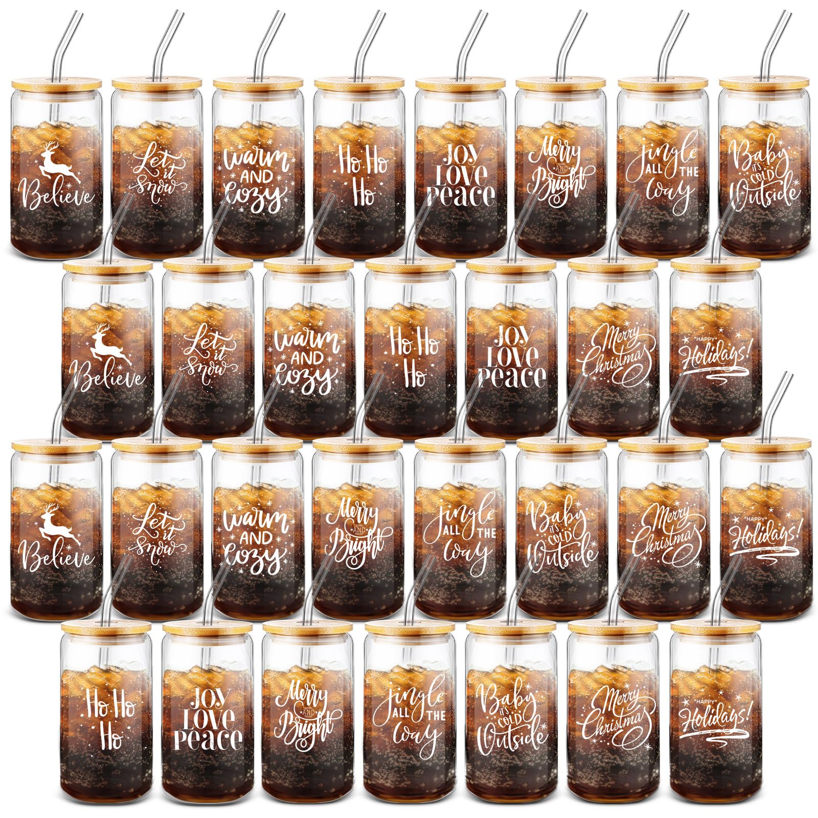 Gobelets de Noël avec couvercles hermétiques et pailles réutilisables en verre durable