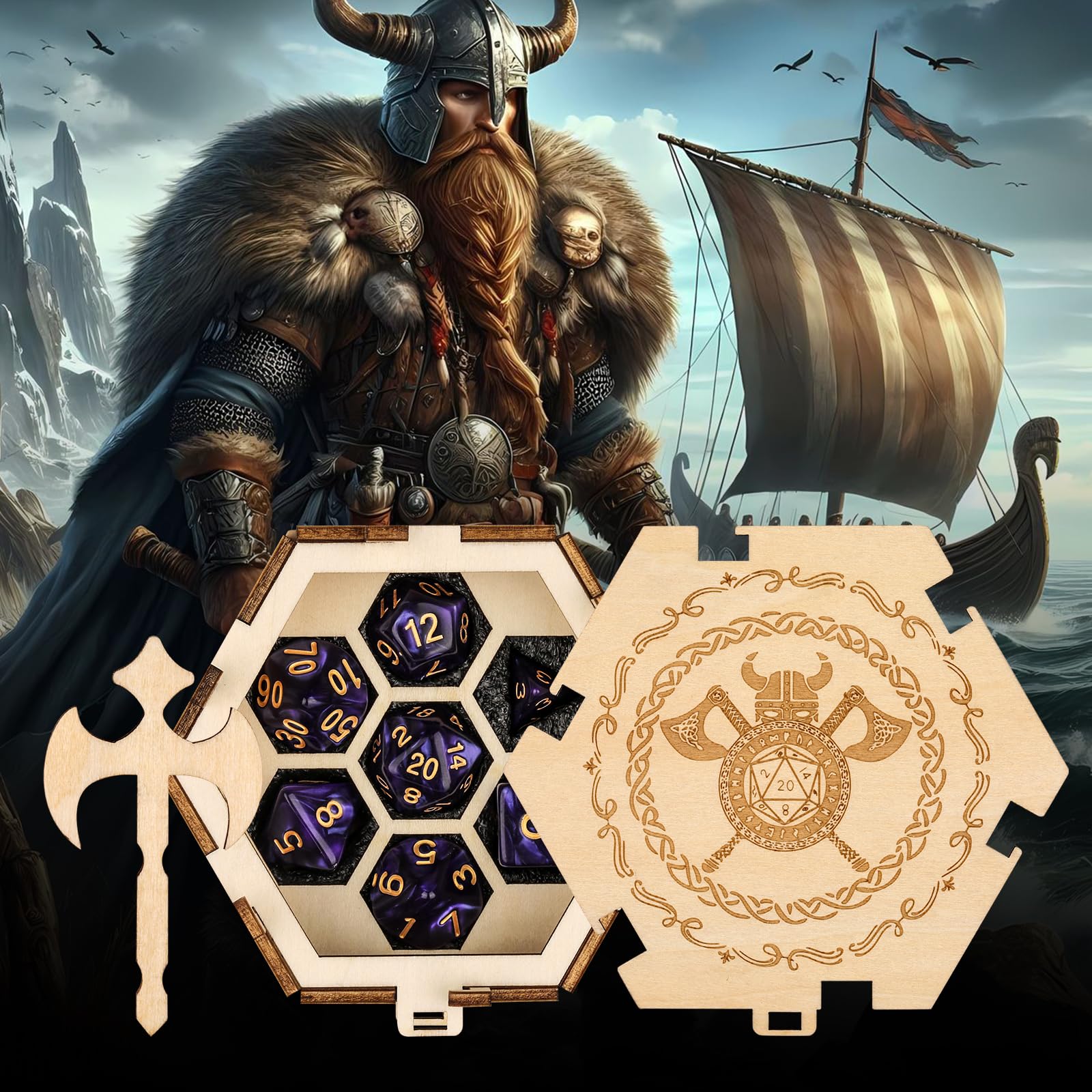Würfel Box Aufbewahrung, 7 Polyedrische Würfel, D&D Zubehör, Holz Hexagon Wikinger Muster mit Axt, Rollenspiele Satz, Würfelbox DND, Geschenke für Tabletop Spieler