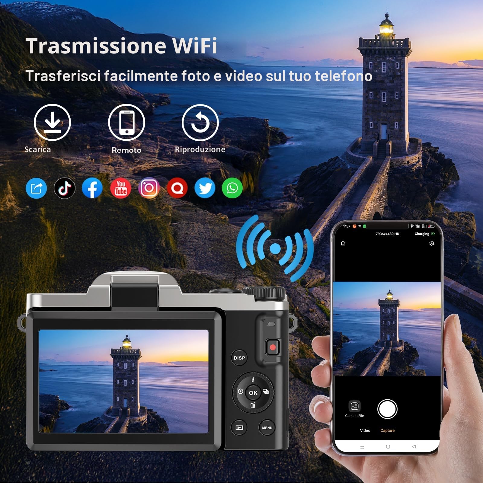 Macchina Fotografica Digitale con WiFi, 4K 64MP Autofocus Fotocamera Compatta, Digitale Camera con 16X Zoom 3" Flip 180° Videocamera con Scheda di Memoria Da 32GB per Principianti e Adolescenti
