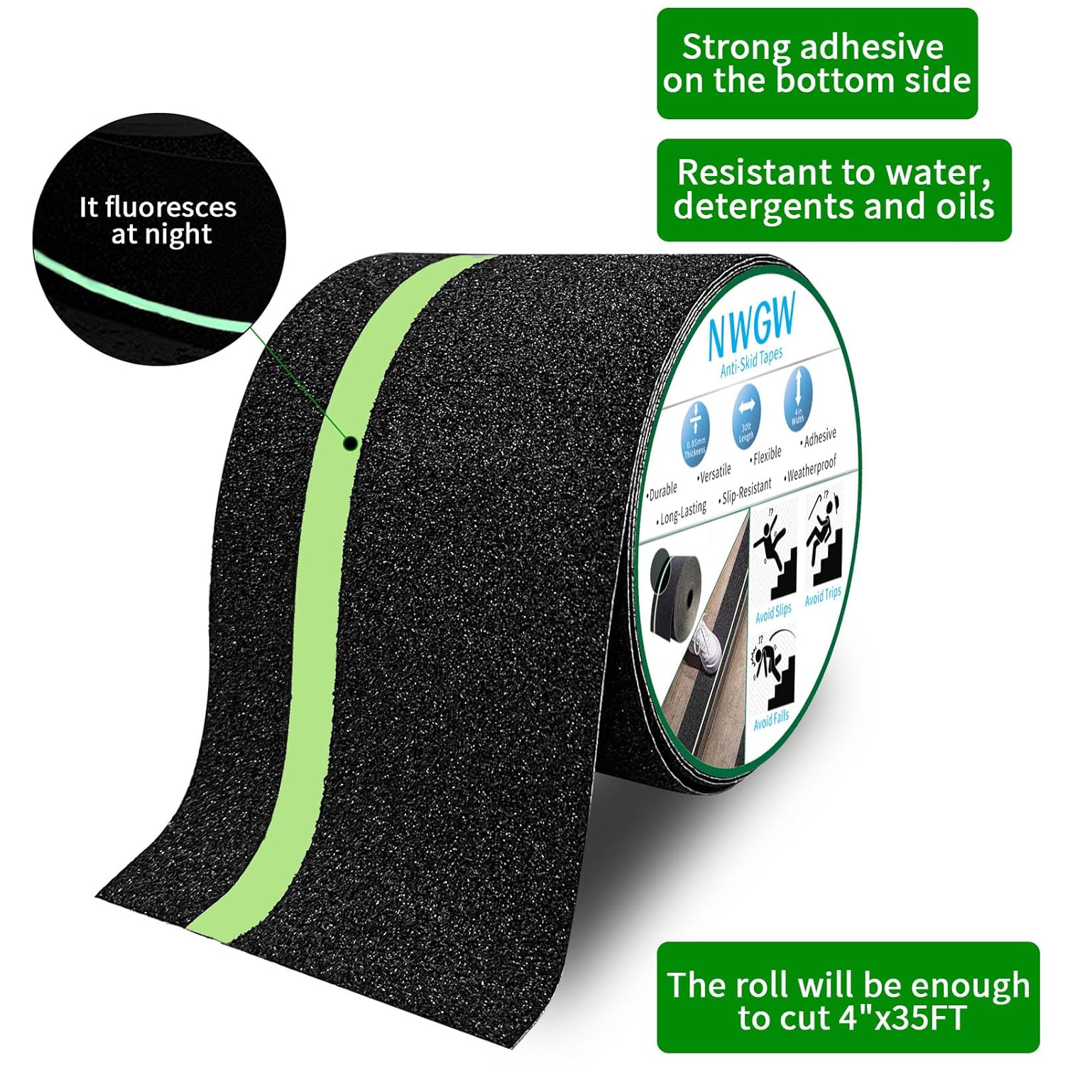 Glow in Dark Anti Slip Tape, 4" x35FT Heavy Duty Waterproof Safety Grip Tape for Stairs, Pool, Bathroom - Black & Glow Stripe Indoor/Outdoor Multi-Purpose Traction Tape
