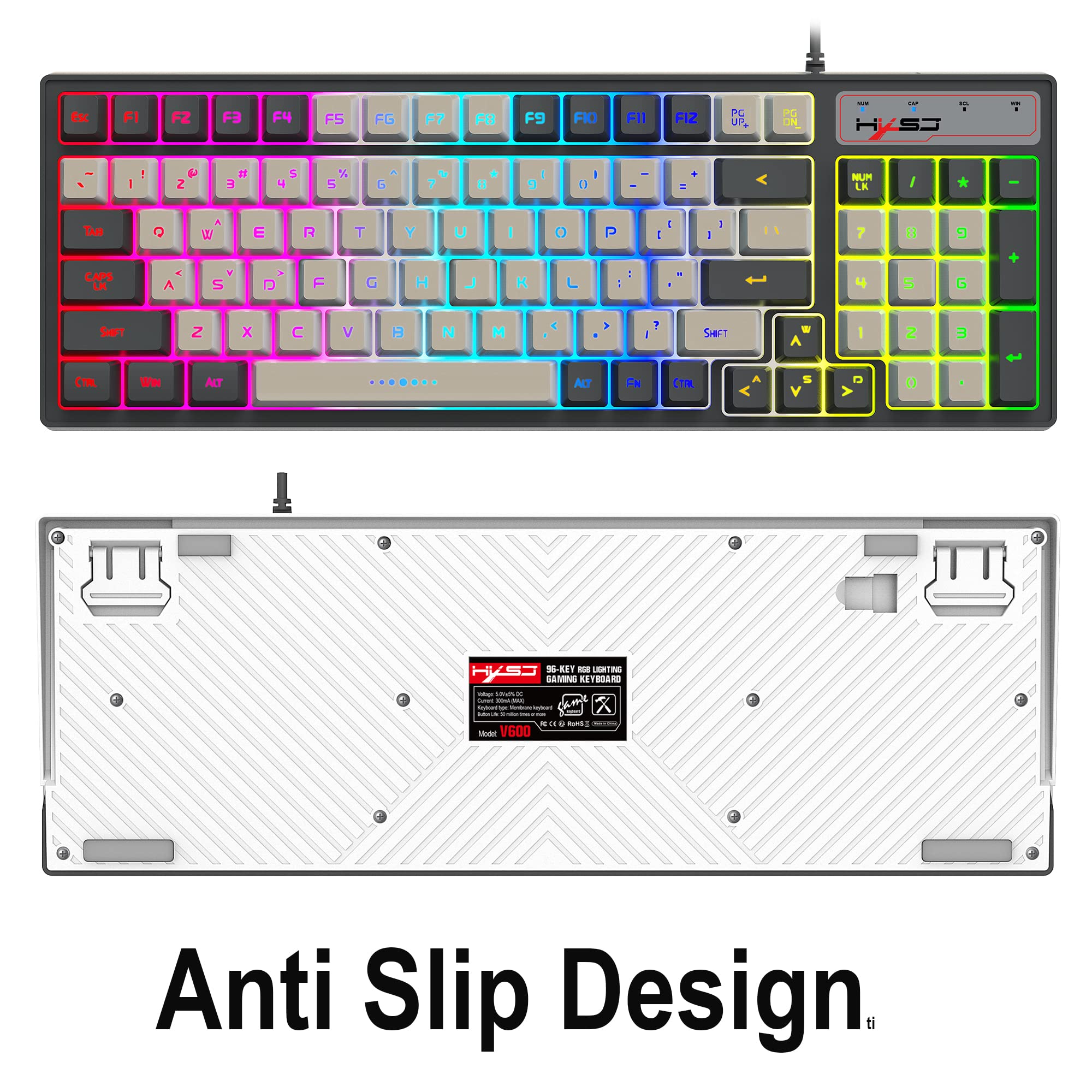 Przewodowa klawiatura do gier LED RGB Backlit, klawiatura z klawiszami skrótu, klawisze antyghostingowe, multimedialne, ergonomiczne, odłączane klawisze, 96 klawiszy, do komputera stacjonarnego i