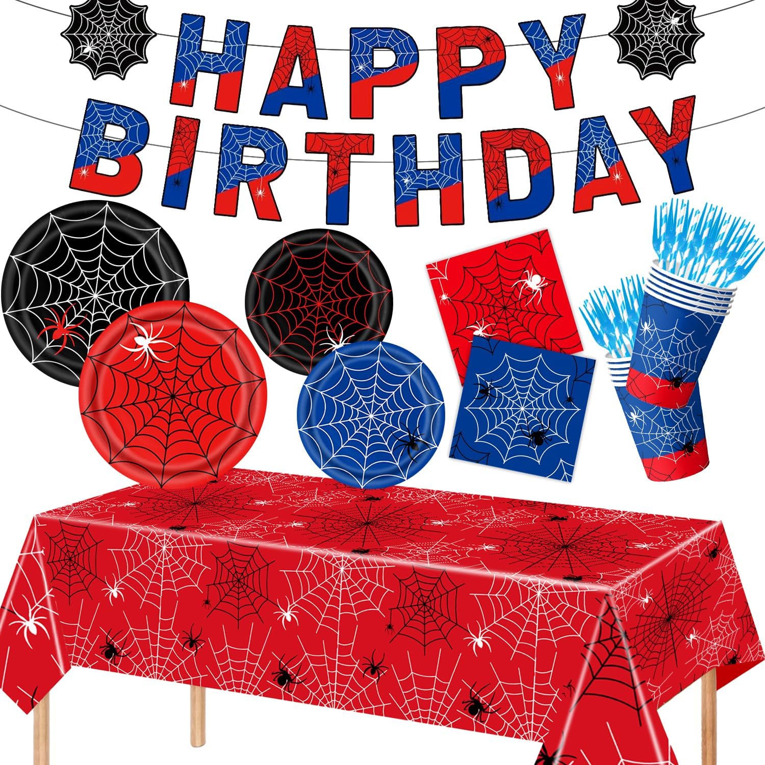 122pcs Spider Web Party Supplies,Red and Blue Party Dinnerware Sets Include Paper Plates Napkins Cups Forks Banner Tablecloth Straws, for Halloween Spider Birthday Party Decoration -20 Serves