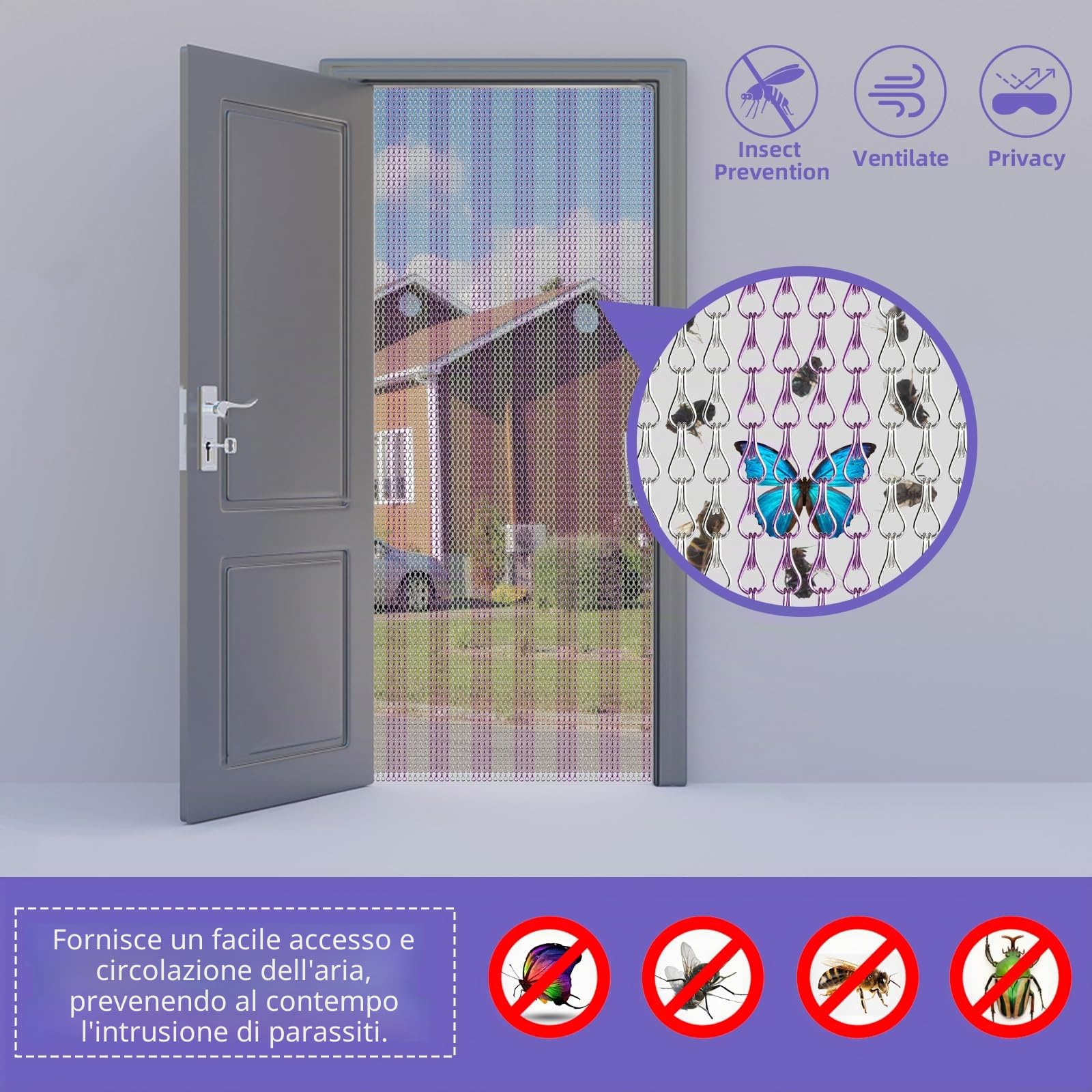 Tenda a Catena in Alluminio 90 x 200 cm Schermi per Porte a Tendina a Catena in Metallo Tenda Anti-insetti per Porte (Argento & Viola)