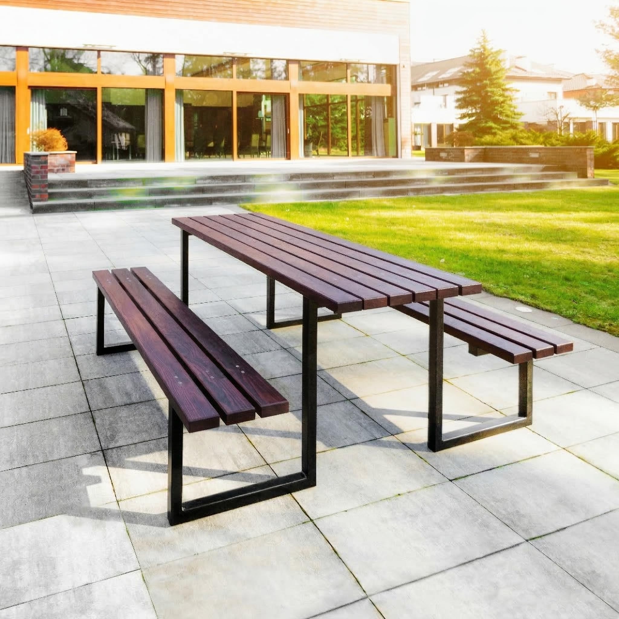 REKORD Tavolo da Picnic Massiccio Atlas Set Tavolo e Panche in Legno e Acciaio 170x169x75cm Tavolo da Giardino Stabile 6-8 Persone Resistente alle Intemperie Robusto - Palissandro