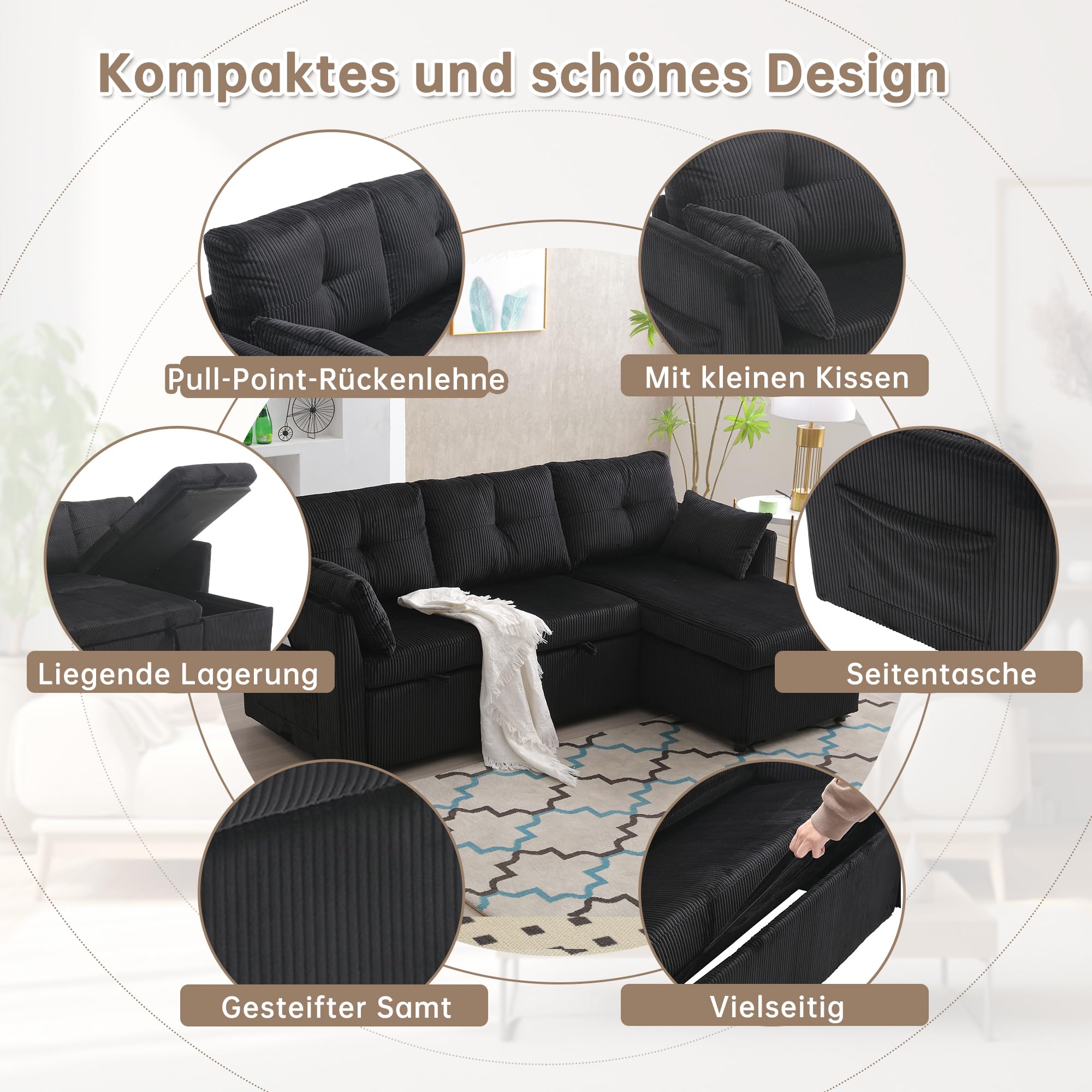 Divano Letto 3 Posti con Penisola, Divano Angolare 3 Posti Forma di L, Divano Letto Matrimoniale con Materasso, Divano 3 Posti con Braccioli e Vano Portaoggetti, Black Velvet