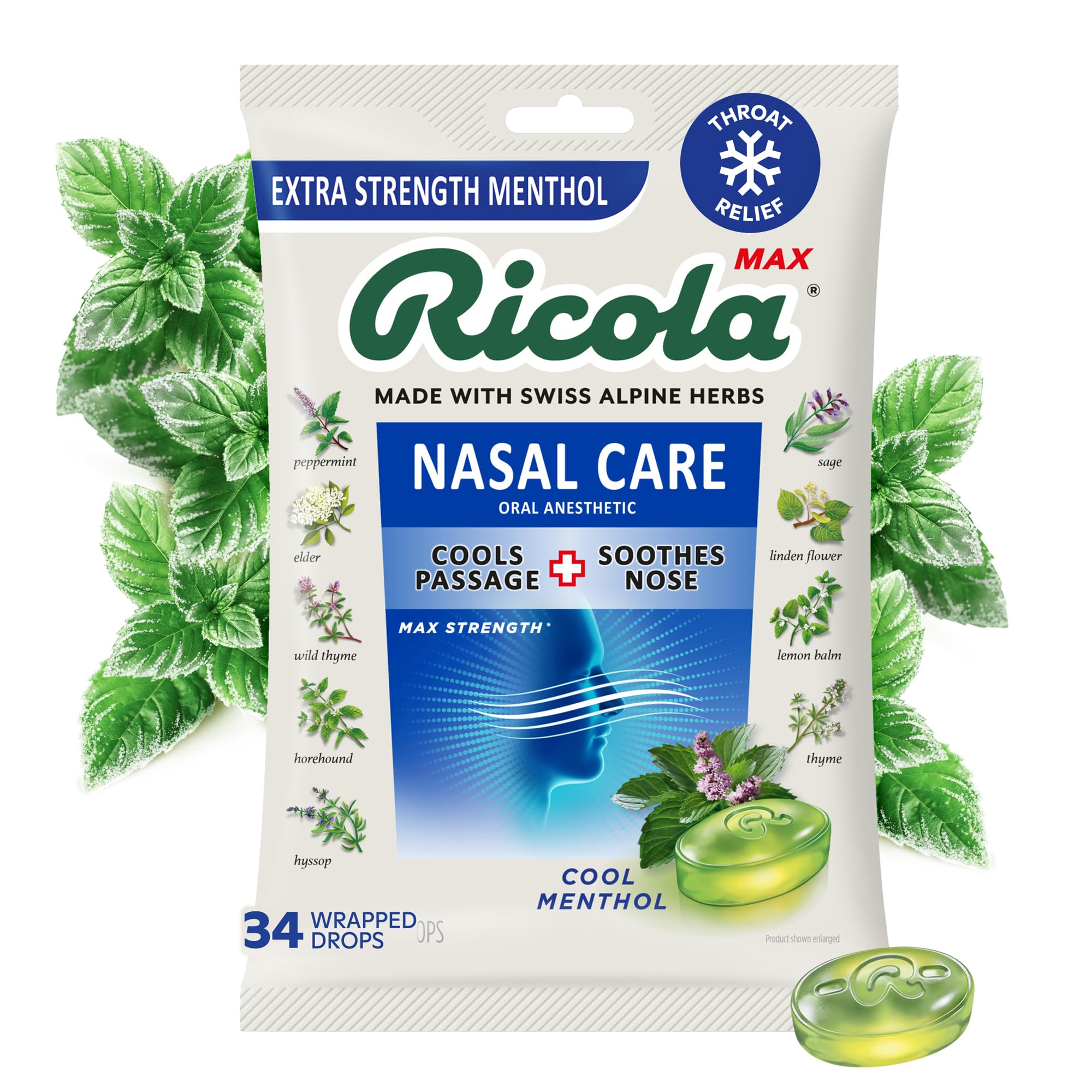 Ricola MAX Nasal Care Cool Menthol Drops with Extra Menthol - Maximum Nasal Comfort and Sore Throat Relief for Cold & Flu Symptoms -- Herbal Throat Lozenges 36 pieces
