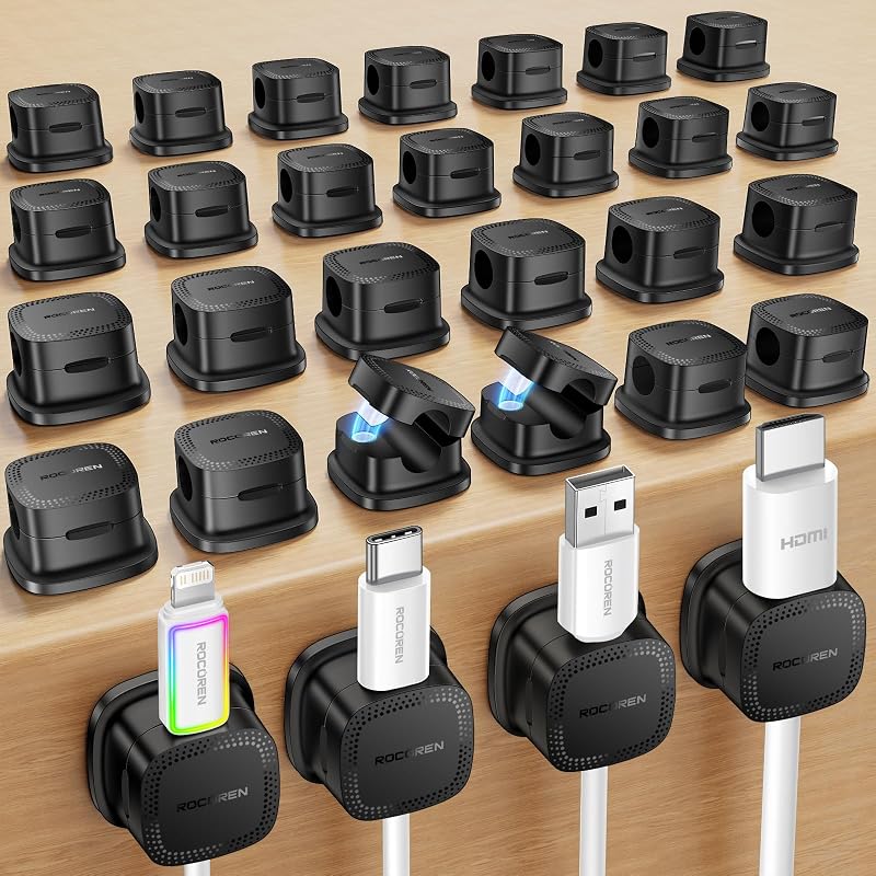 30-Pack Magnetic Adjustable Cable Clips Cord Organizer | Smooth Cable Straps & Wire Holder Keeper, Cable Management Accessories for Desktop, Nightstand, Home Office & Phone