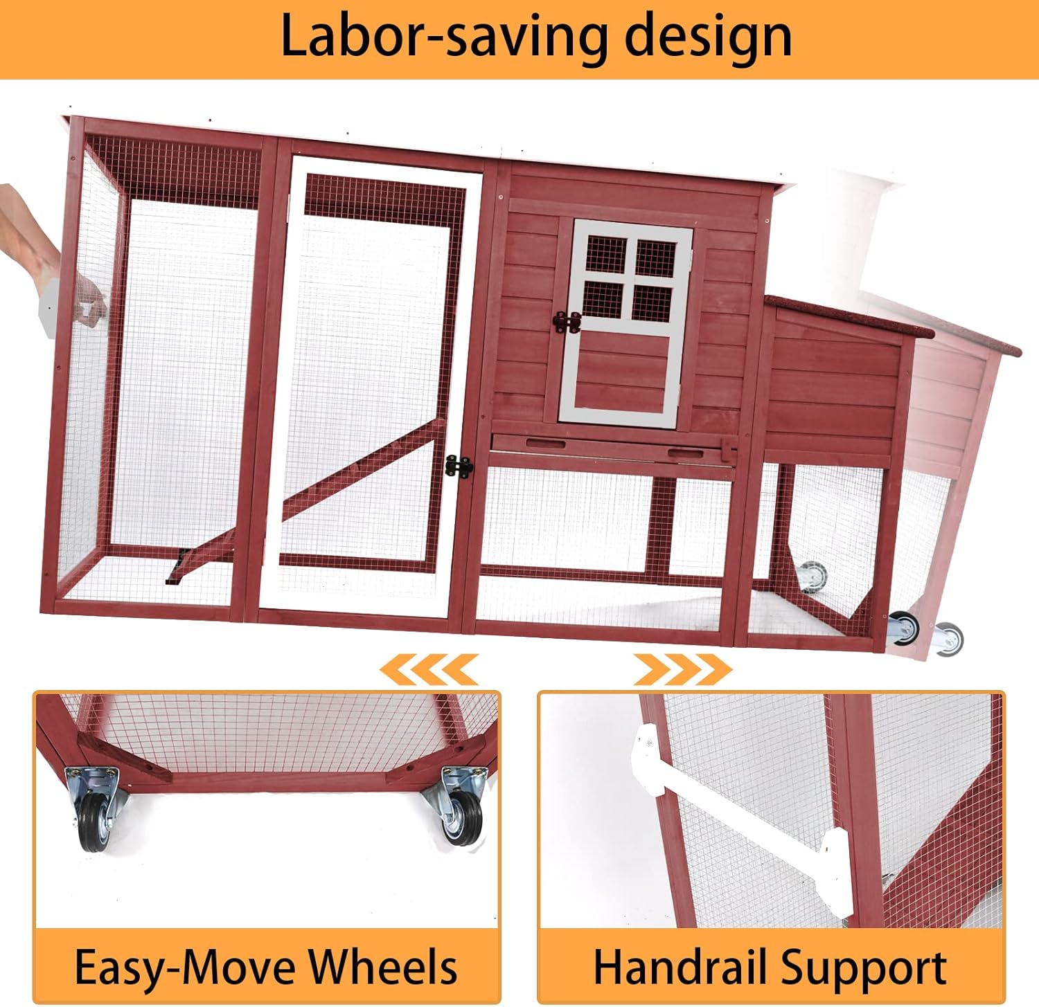 PetsCosset 75" Chicken Coop Backyard with Wheels Nesting Box Waterproof Removable Tray and Ramp Large Hen House for 1-4 Chickens