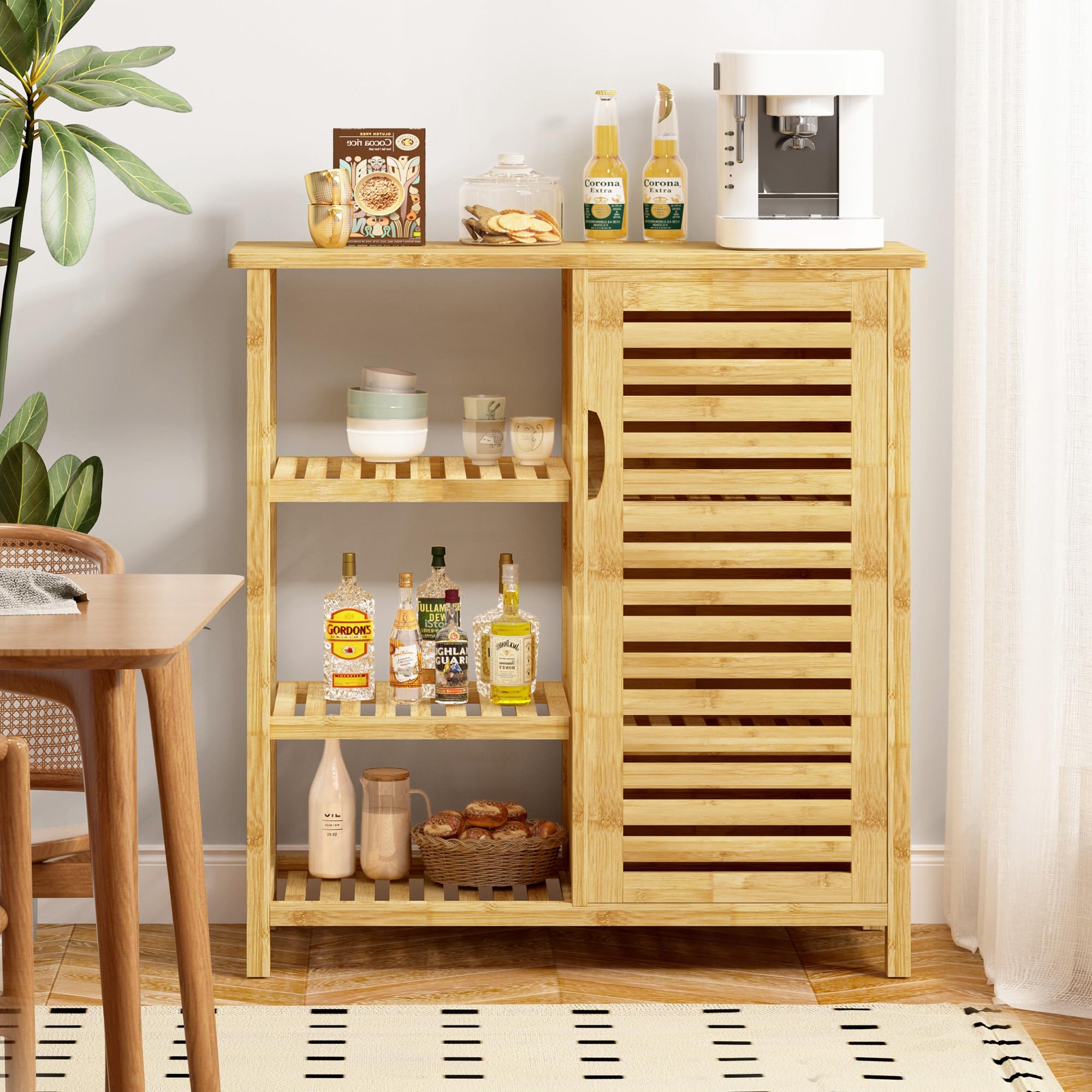 SogesPower Gabinete de Almacenamiento de Piso de baño con Puerta y estantes, Organizador de Almacenamiento Independiente con Puerta de Obturador, gabinete de bambú de 3 Niveles para Cocina, Sala
