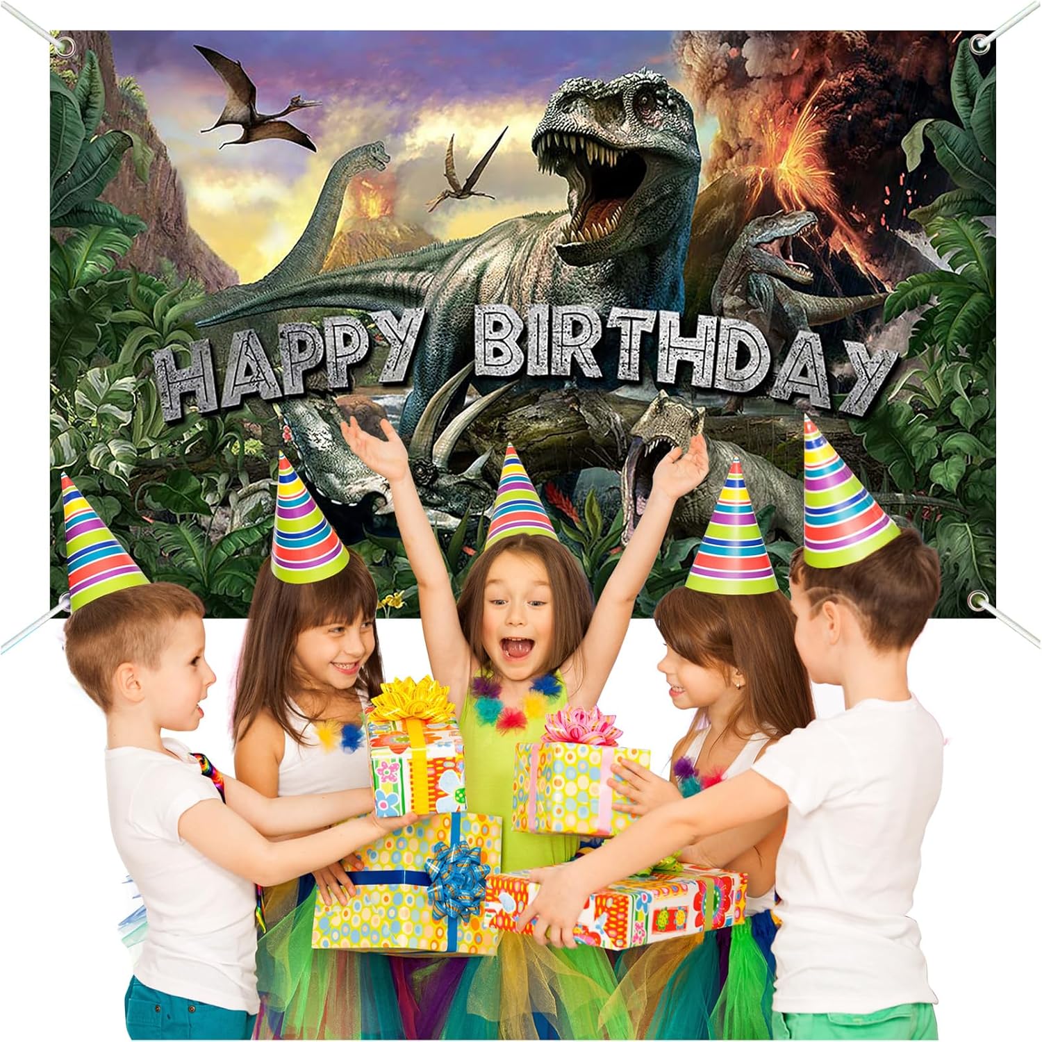 Avezano Dinosaur Birthday Backdrop Jurassic Dinosaur Theme Happy Birthday Banner Jurassic Jungle Party Decorations for Boys 70.8 x 43.3 Inch Photo Backdrop - Image 3