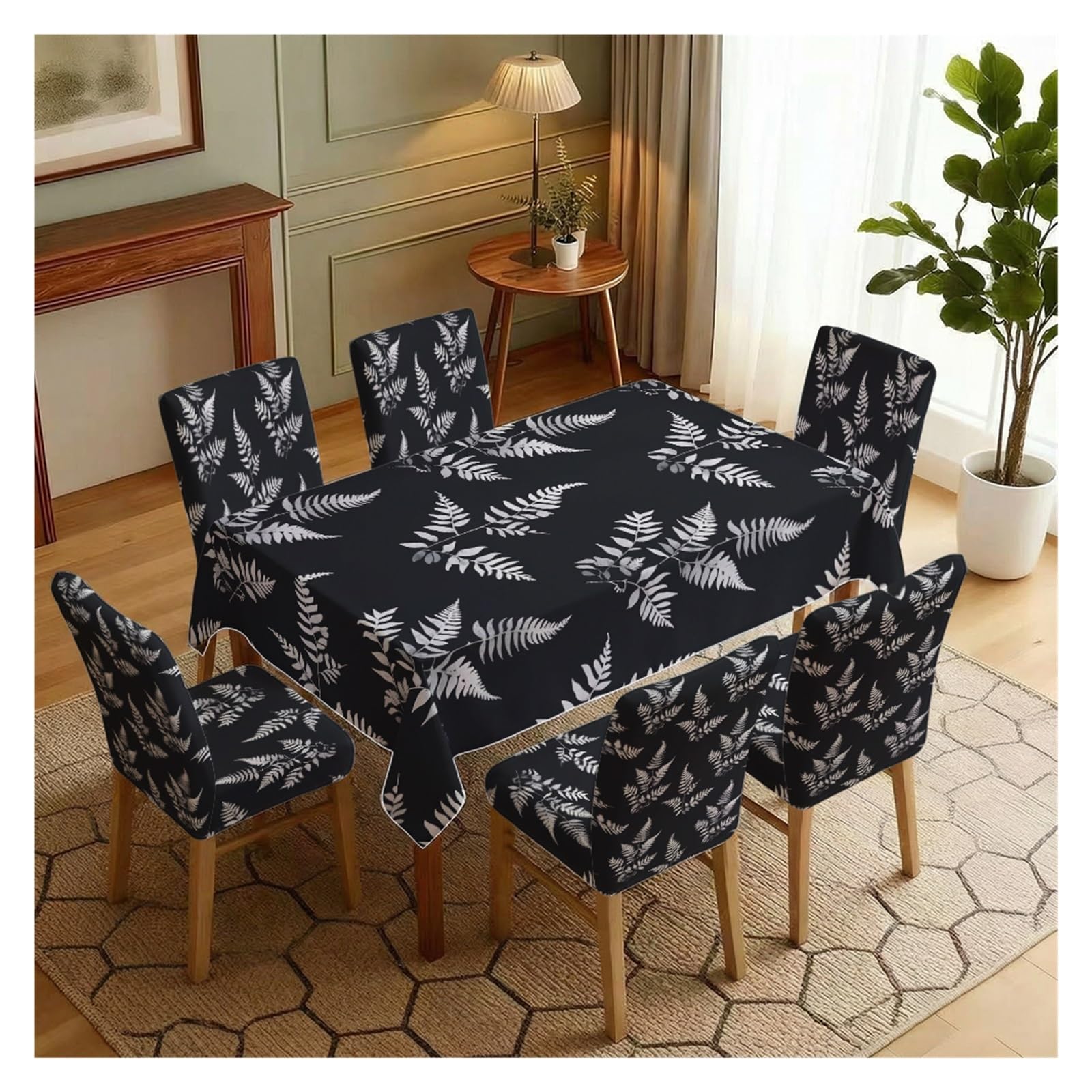BOSUYBN Black Background White Fern Leaf Dining Tablecloth & Chair Covers Set, 5/7 Piece Moody Modern Boho Gothic Farmhouse Dining Decor Table Setting(7pcs Set: Tablecloth+Chair Covers)