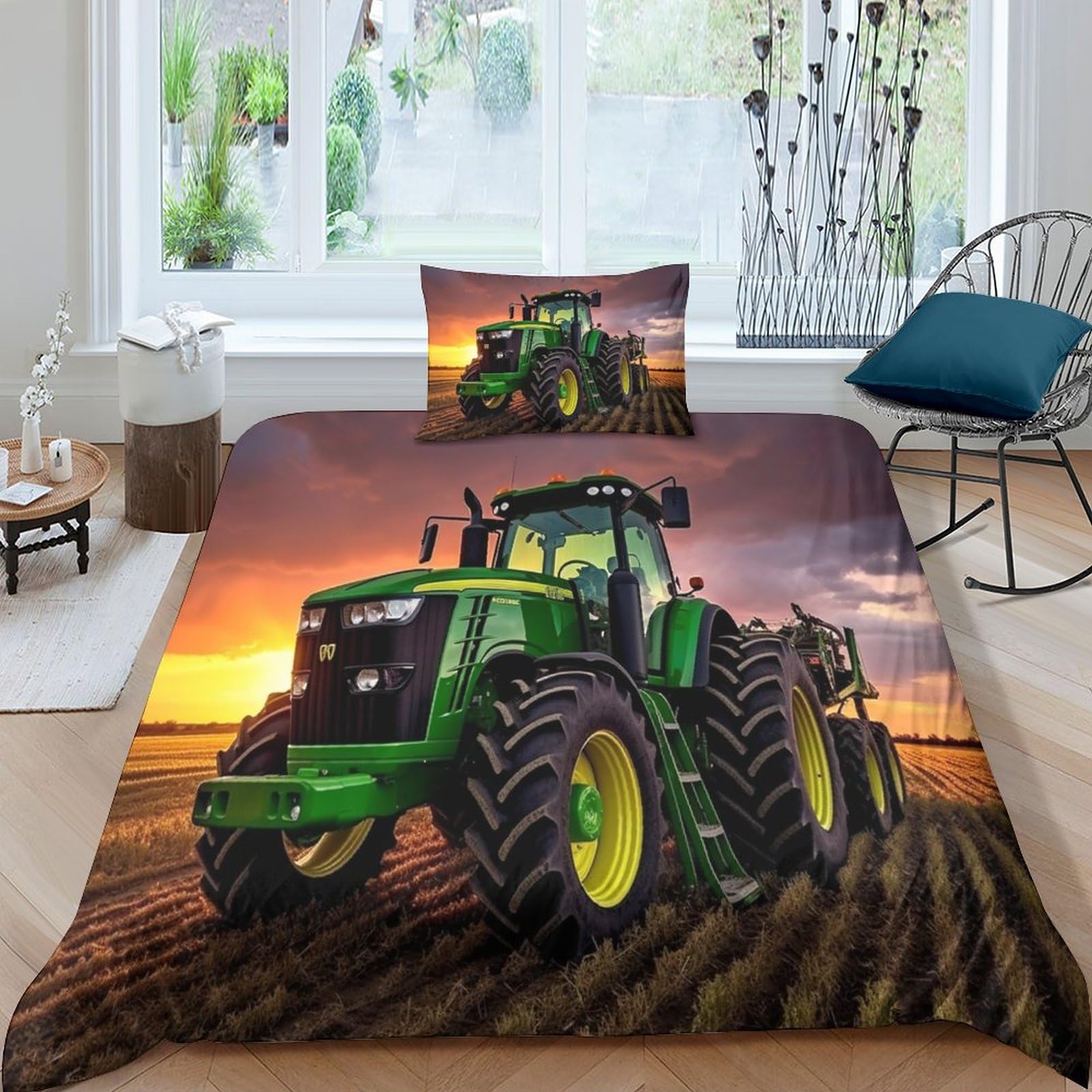 Opsrey Boys Tractors-1 Tractors Duvet Cover Bedding Set For Girls Traktoren Comforter Bedspread Cover Quilt Cover Hidden Zipper Soft Microfiber Kids And Adults Full Of Love Sleep Aid Single（135X200cm）