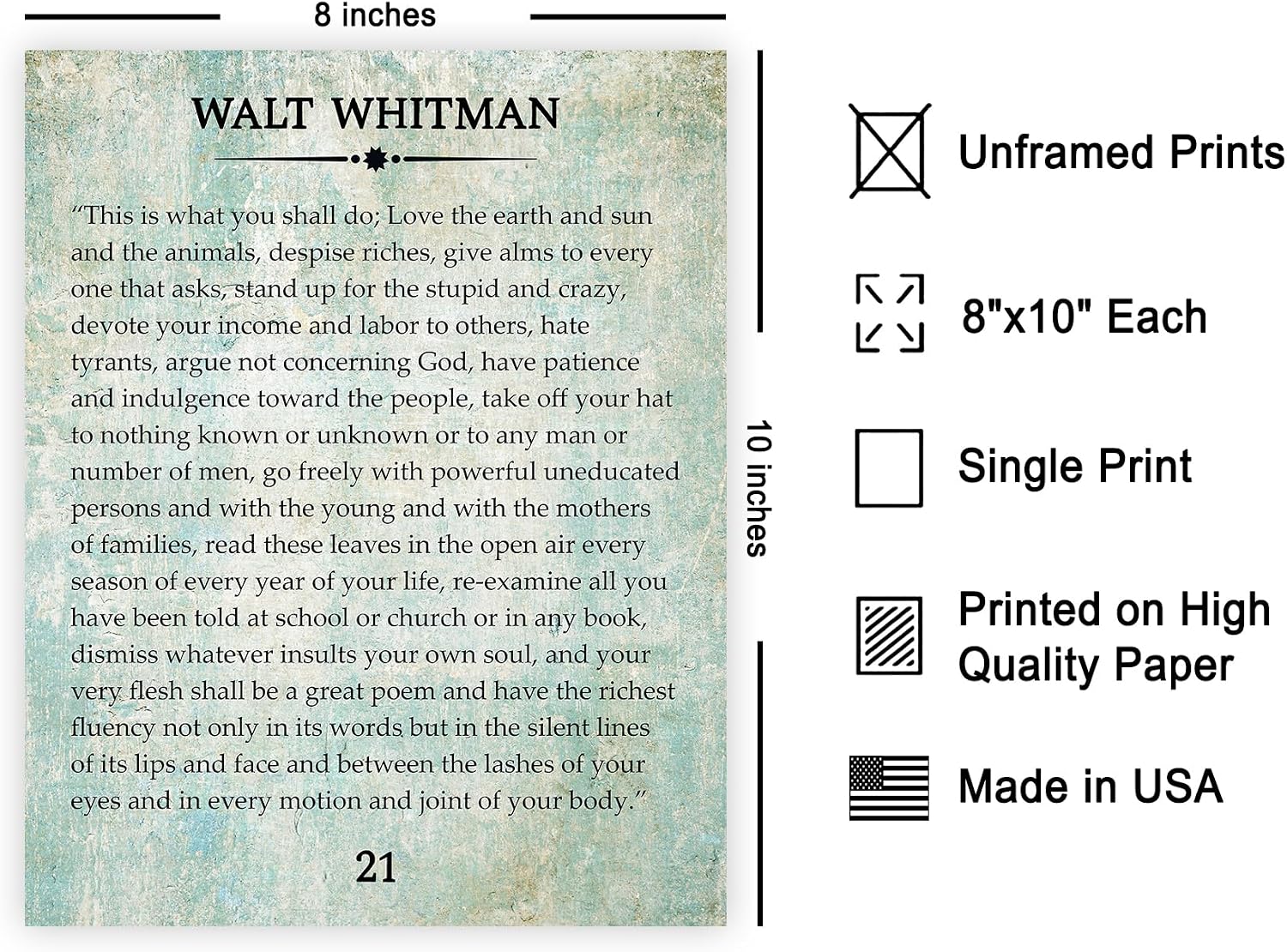 Poster Master Walt Whitman Poster - This is What You Shall Do Print - Preface to Leaves of Grass Art - Gift for Him, Her - Motivational Decor for Bedroom, Living Room, Office - 8x10 UNFRAMED Wall Art