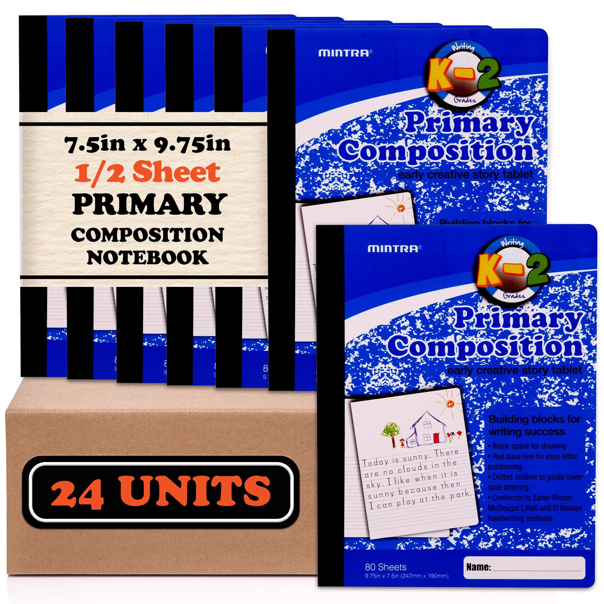 Mintra Primary Composition Notebook, 24 units 6-4 Pack, Blue Cover, 80 Sheets, 7.5in x 9.75in, 1/2 Sheet, Ruled with Drawing Area, Flexible Hardcover Journal, Grades K-2, School & Home Use