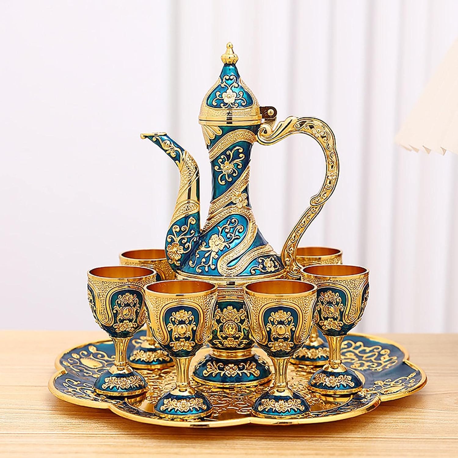 Vintage Turkish Coffee Pot Set Model with 6 Coffee Cups Tray Teapot Metal Drinkware Flagon for Home Decor Wine Cabinet Ornaments, Blue