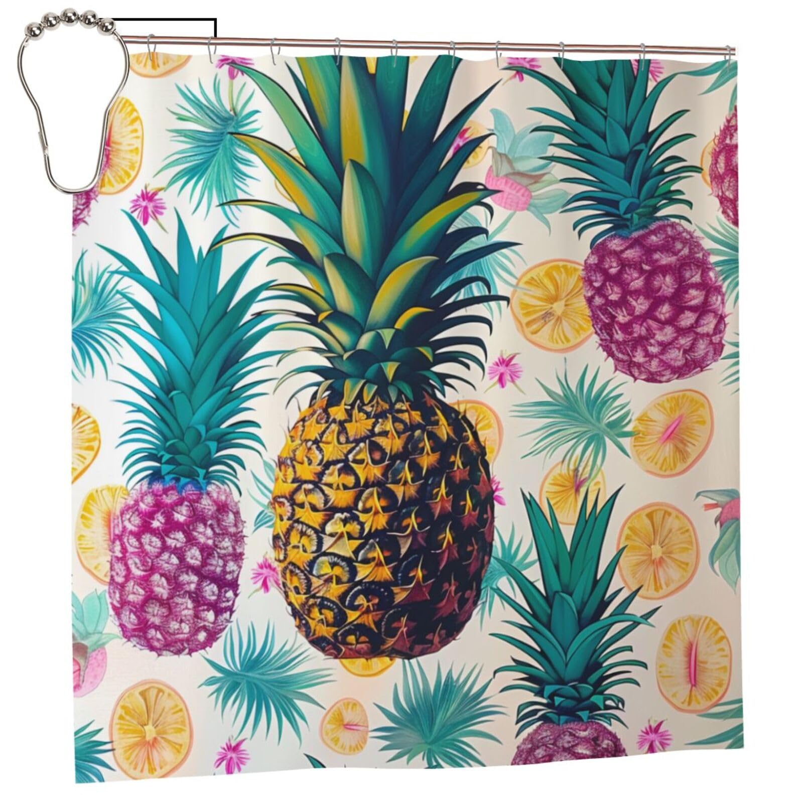BWWHCCTI Tropical Pineapple Printed Shower Curtain With 12 Iron Hooks Opaque Quick Drying Waterproof Shower Curtains Sets For Bathroom 183x183 CM